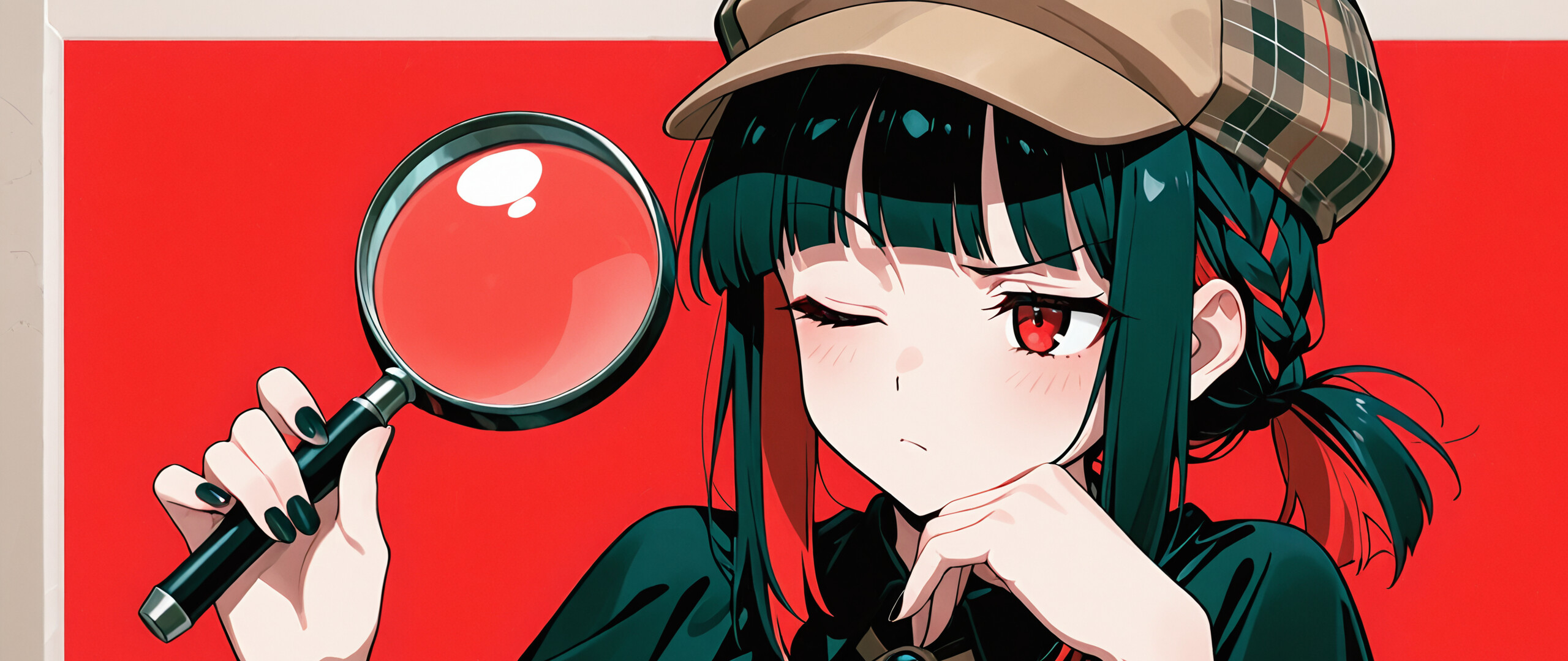 An anime illustration of Kaguya Shinomiya from Kaguya-sama: Love is War, dressed as a detective. She wears a deerstalker cap and a black capelet, holds a magnifying glass, and has one eye closed against a red background.