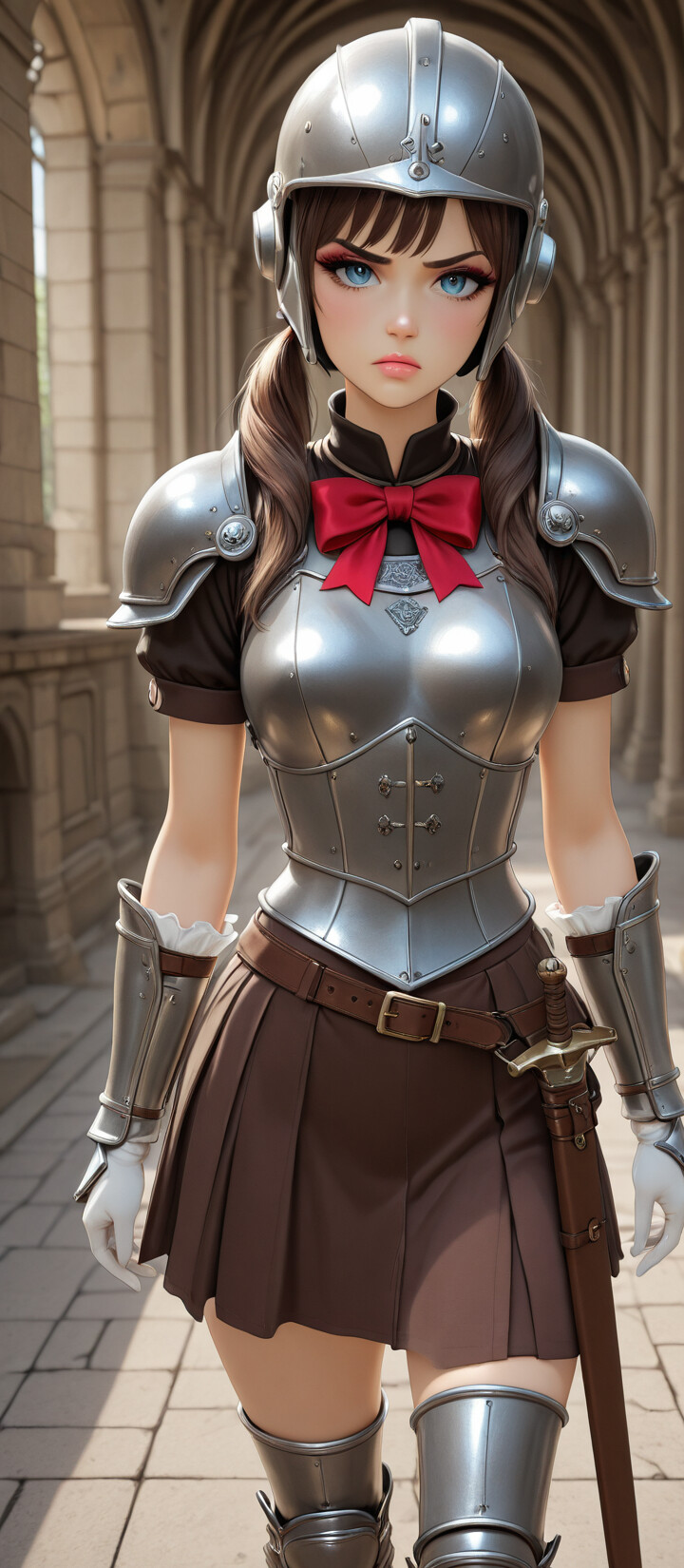 A young female anime-style knight with pigtails and red bows on her helmet stands in a castle corridor, wearing steel armor over a red and cream skirt, looking directly at the camera.