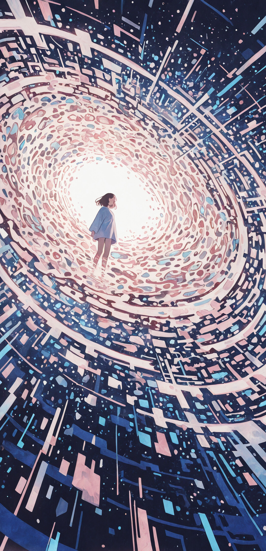 An anime-style girl with wavy, light pink hair and blue eyes looks thoughtfully to the side. She wears a simple white tank top, set against a dark, abstract background with glowing pink and blue digital glitch patterns.