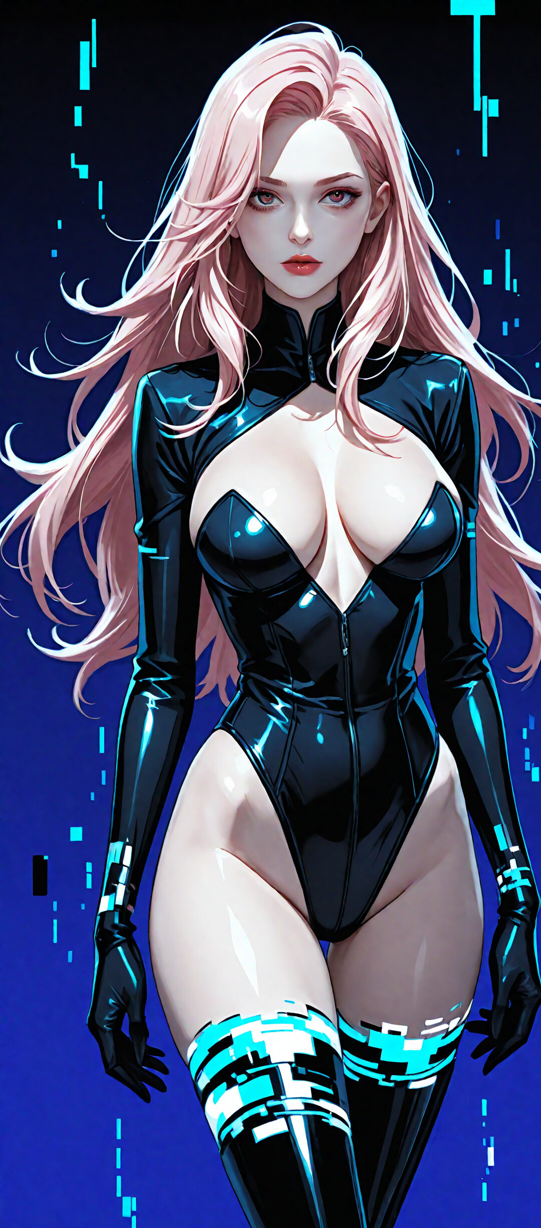 A digital illustration of an anime girl with long silver hair, purple eyes, and black earrings. She is wearing a white shirt and a black vest, looking directly at the viewer against a dark blue background with a digital glitch effect.