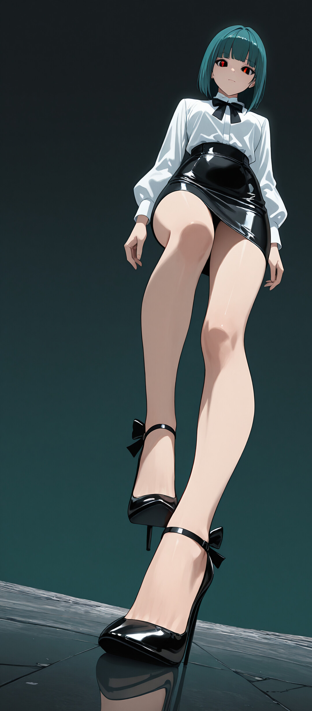 A full-body, low-angle digital art piece of an anime woman with short teal hair and glowing purple eyes. She is wearing a white blouse, a black leather mini skirt, and black stilettos, looking down with a dominant expression.