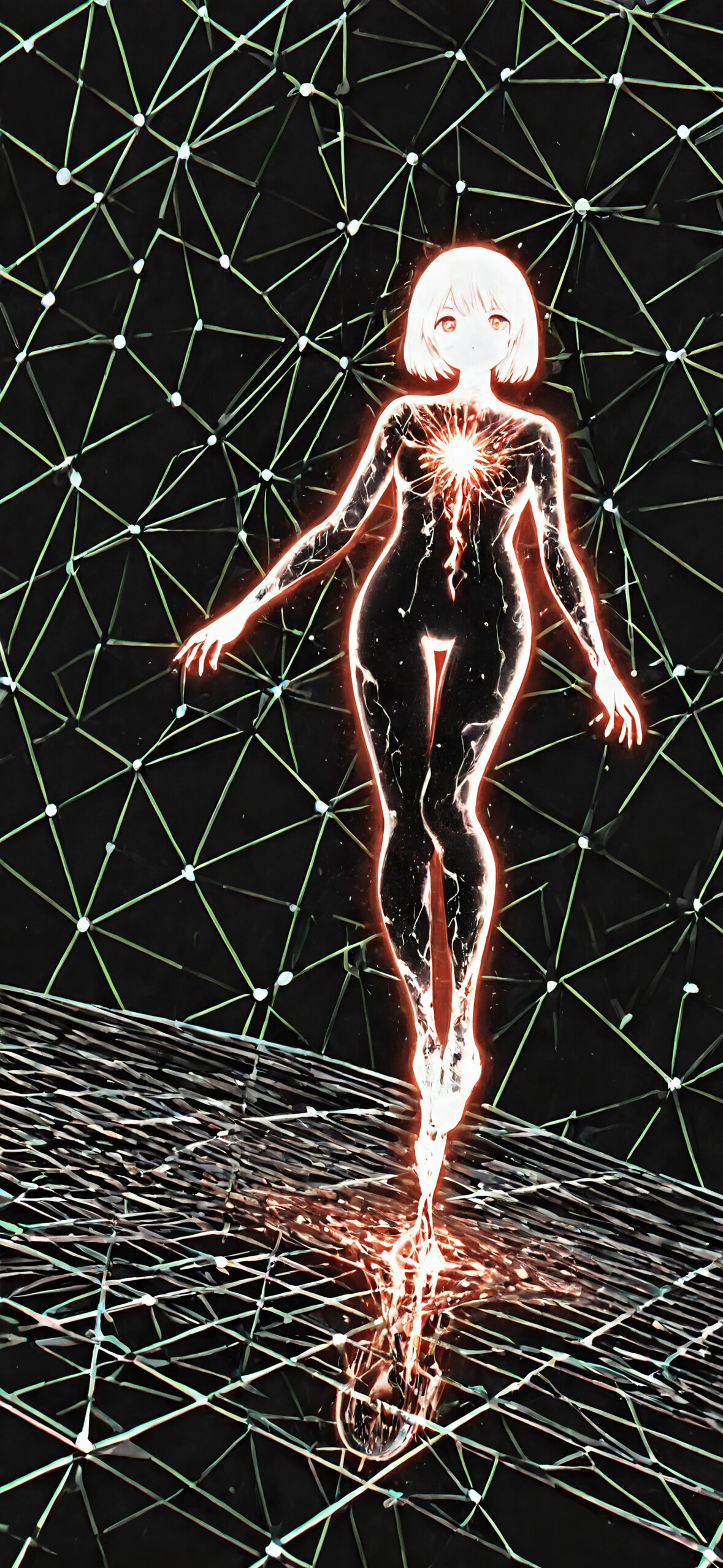 An anime-style girl with short white hair floating in a dark, digital space filled with glowing fragments. Her glowing body is partially disintegrating, and her distorted reflection is visible on a grid-like surface below.