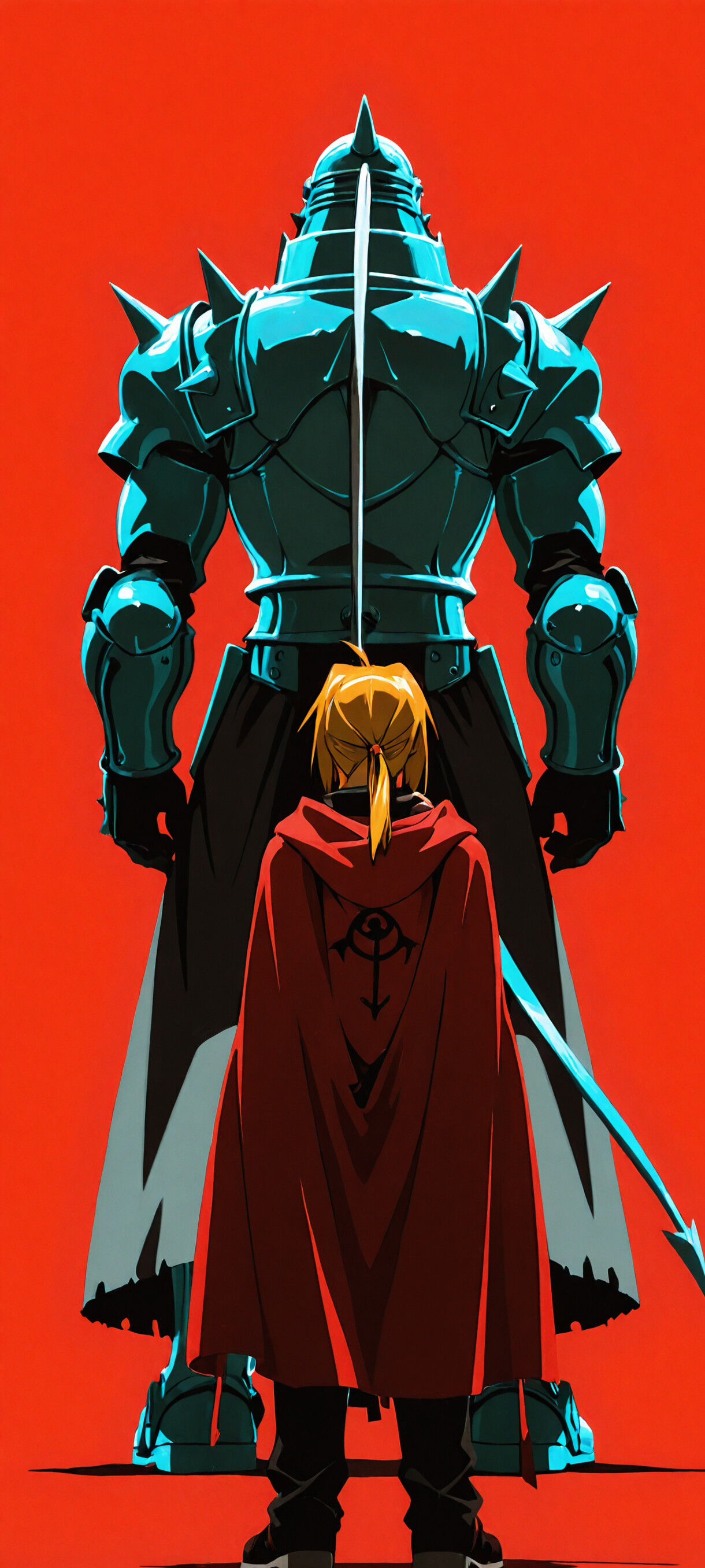 An illustration of Edward and Alphonse Elric from Fullmetal Alchemist standing back-to-back against a bright red background. Alphonse is on the left in a large suit of teal-colored armor. Edward is on the right, smaller in stature, with blonde hair and a long red coat.