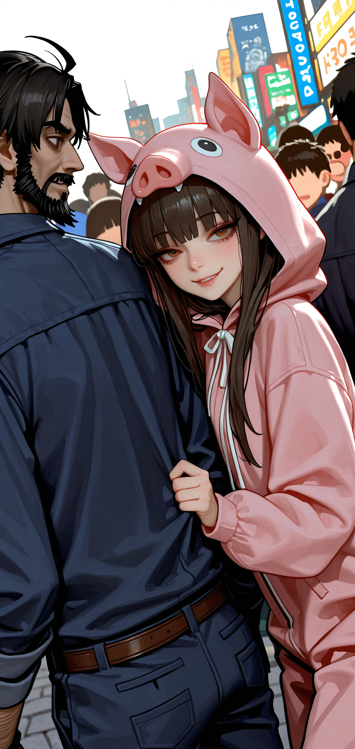 A digital illustration of the character Edward Teach (Blackbeard) from Fate/Grand Order, a man with a dark beard and mustache, grinning menacingly at the camera while wearing a pink pig costume hoodie in a crowded city street.