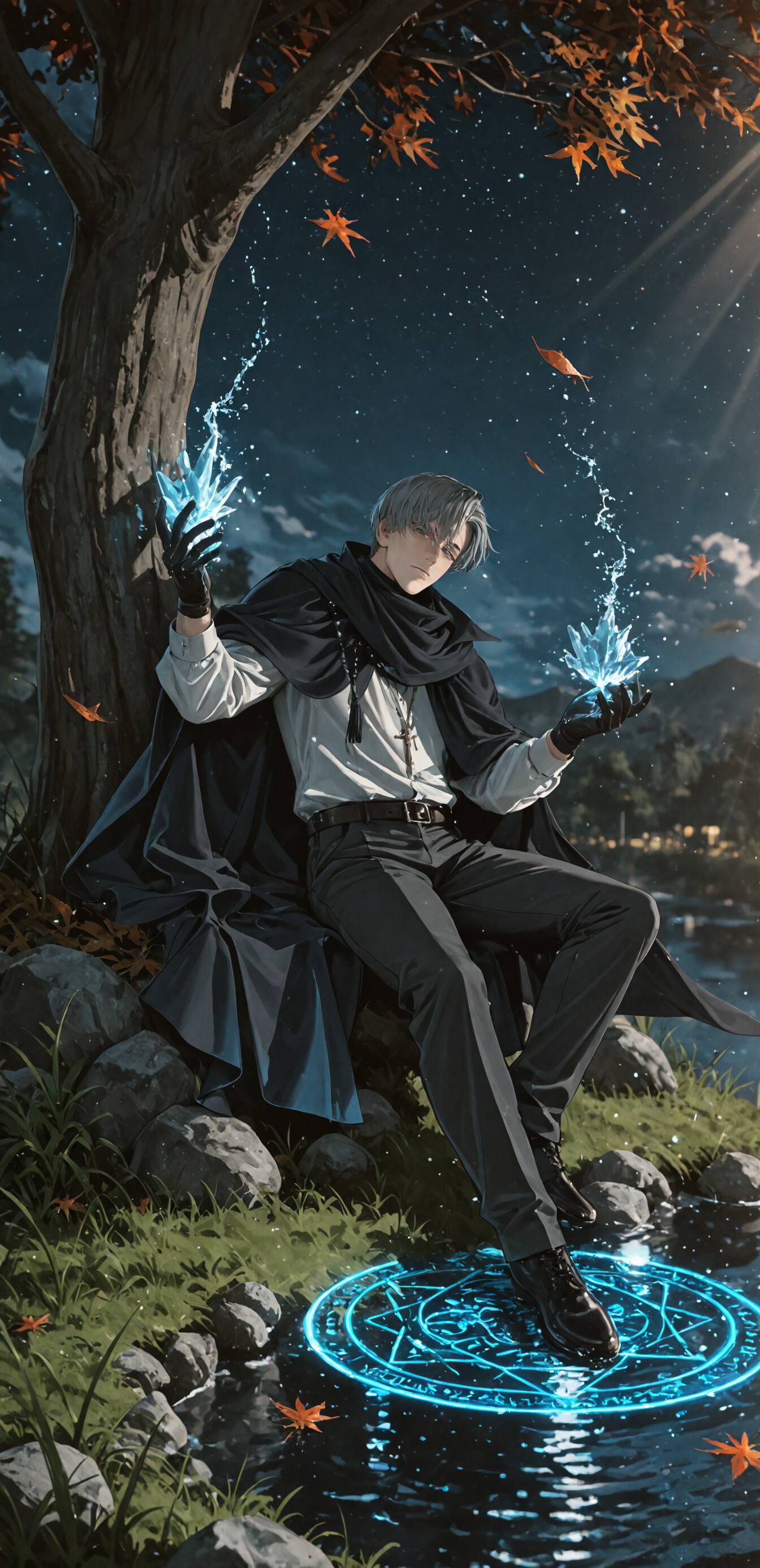 Full-body illustration of the anime character Eins from The Alchemist Code. He is a young man with silver hair, sitting by a river at night, leaning against a tree. He is wearing a dark priest-like outfit and manipulating blue water magic with his glowing hands. A glowing blue magic circle is in the water at his feet.