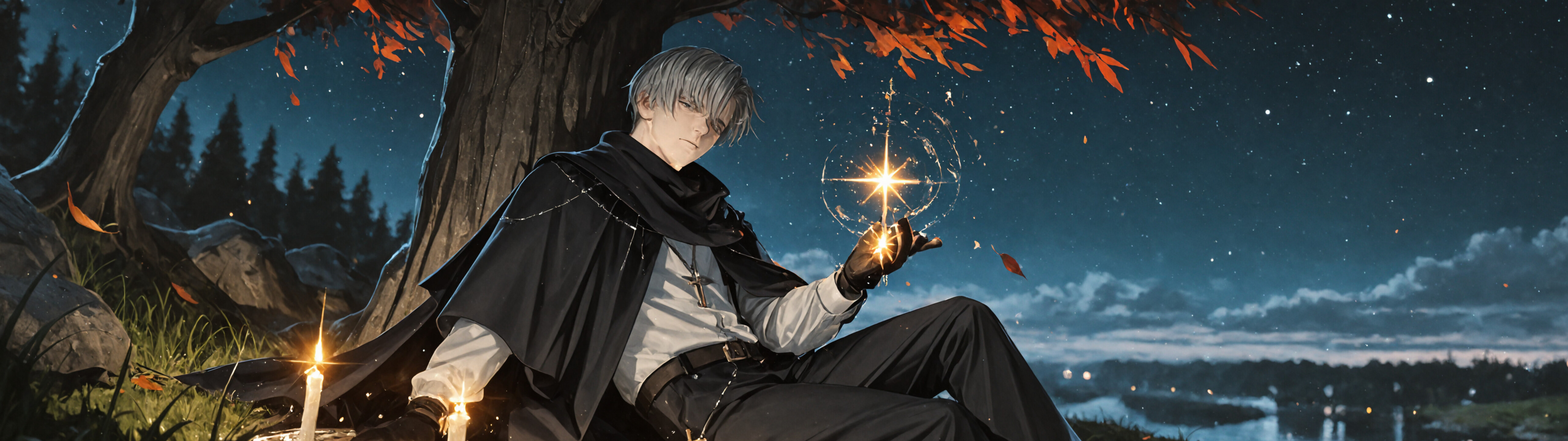 Full-body illustration of the anime character Eins from The Alchemist Code. He is a young man with silver hair, sitting by a river at night, leaning against a tree. He is wearing a dark priest-like outfit and manipulating blue water magic with his glowing hands. A glowing blue magic circle is in the water at his feet.