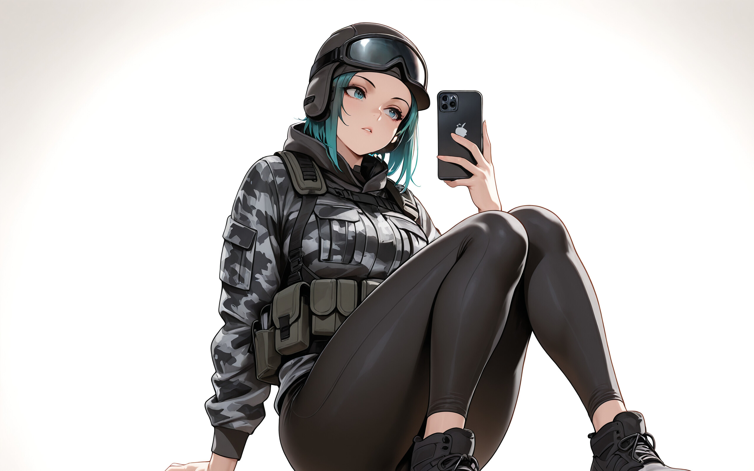 An anime-style illustration of Ela from Rainbow Six Siege taking a mirror selfie. She has teal hair and is wearing a camouflage jacket, tactical vest, helmet with goggles, and black leggings while holding a yellow smartphone.