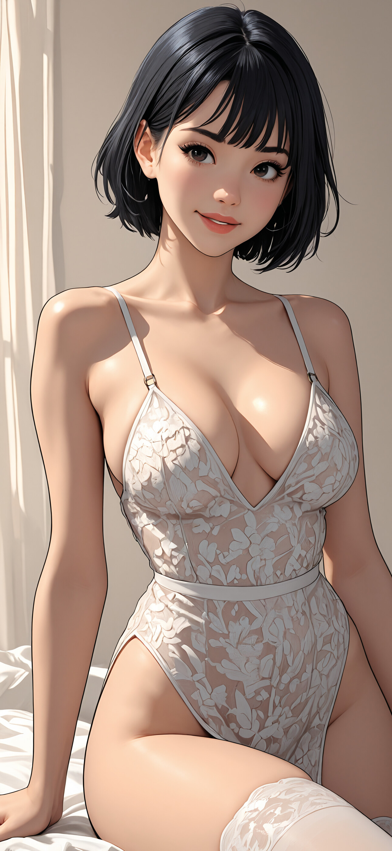 A full-body digital illustration of a young woman with long black hair standing in an elegant room. She is wearing a sophisticated black outfit consisting of a leather bustier, a sheer lace long-sleeved top, and high-waisted leather pants. The room is warmly lit with a plant and a framed picture in the background.