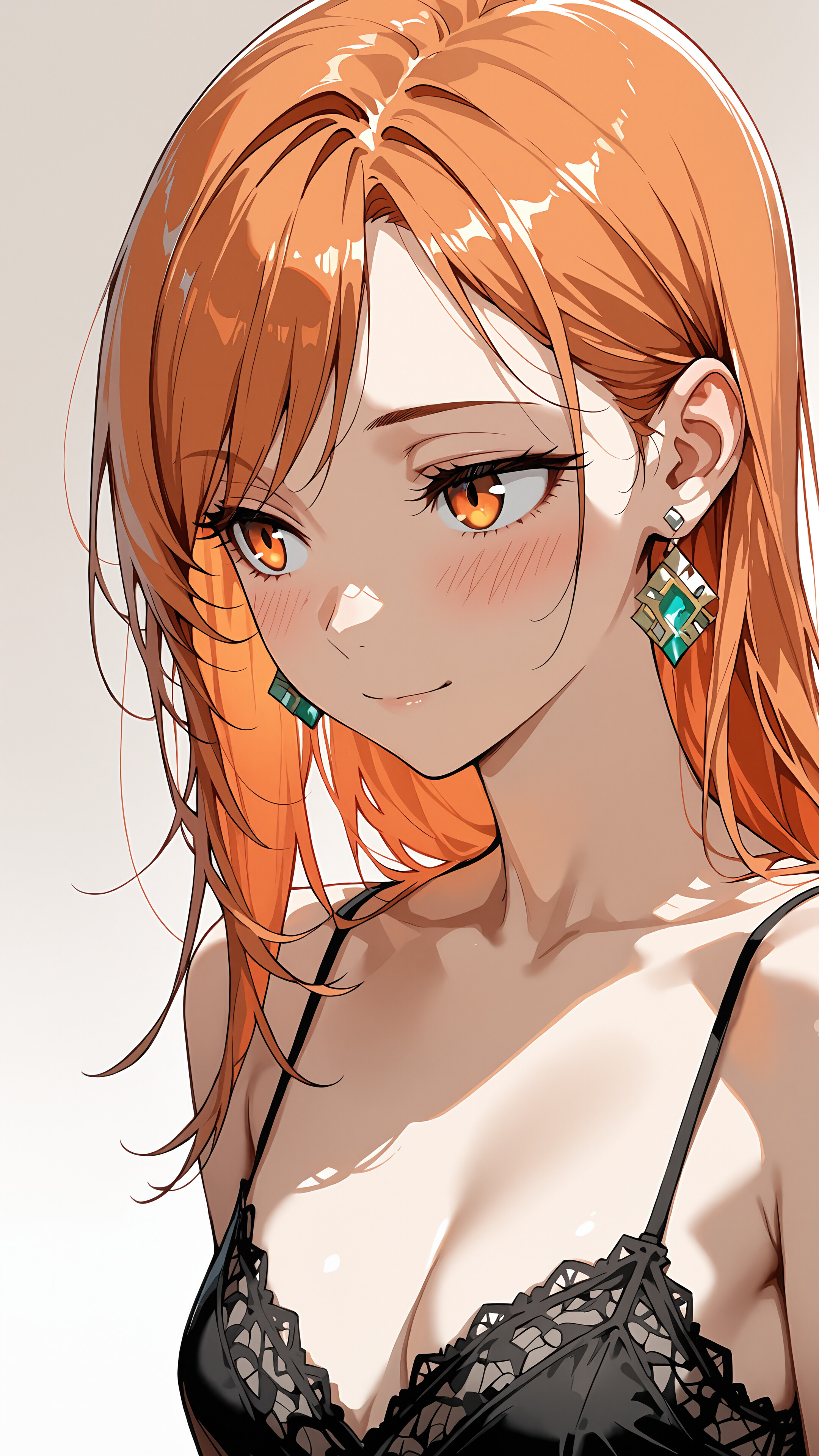 A digital illustration of a beautiful anime-style woman with long ginger hair and orange eyes. She is wearing a black lace camisole and large turquoise earrings, looking down with a soft, blushing smile.