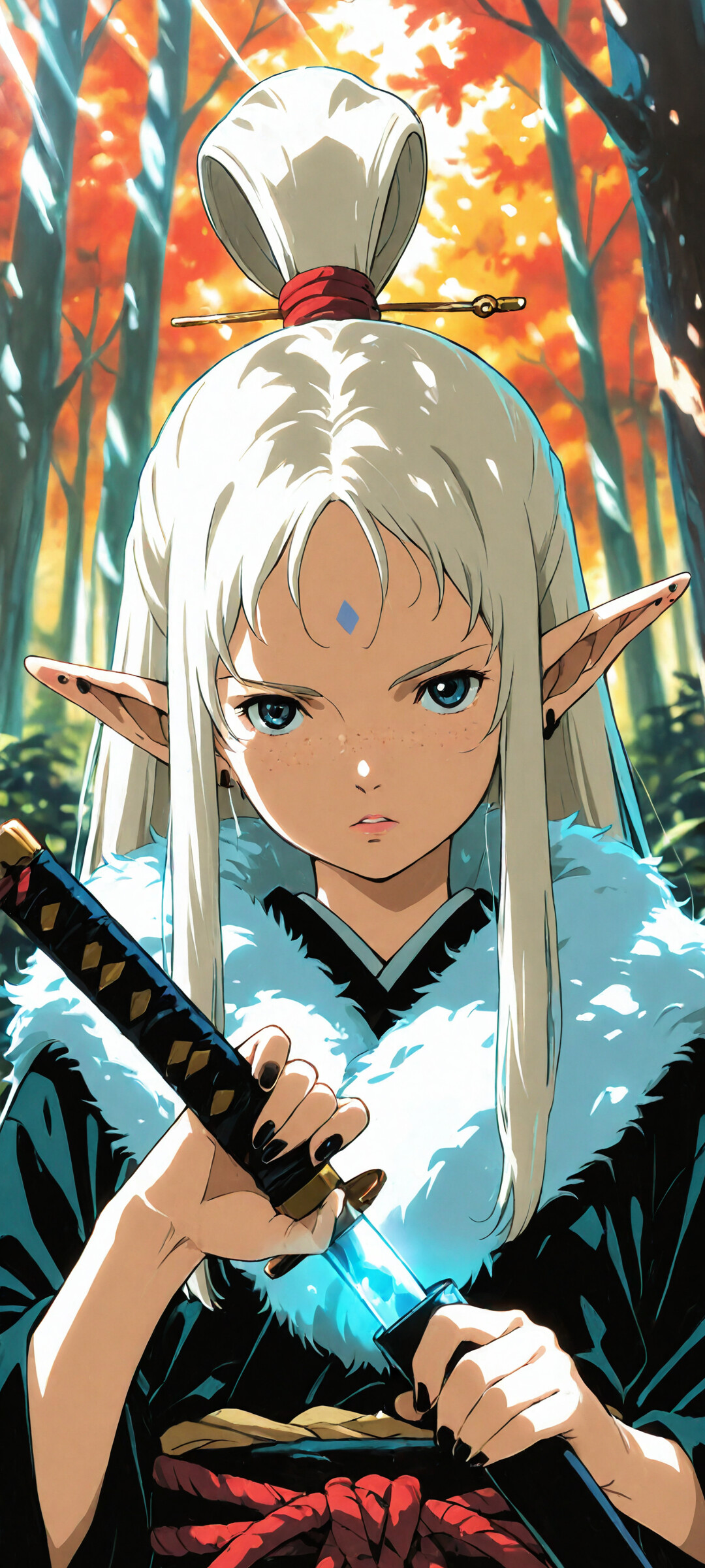 A close-up portrait of a female elf with long platinum blonde hair and blue eyes, holding a katana sword in an autumn forest. She is wearing a black kimono with a fur scarf and has a determined expression.