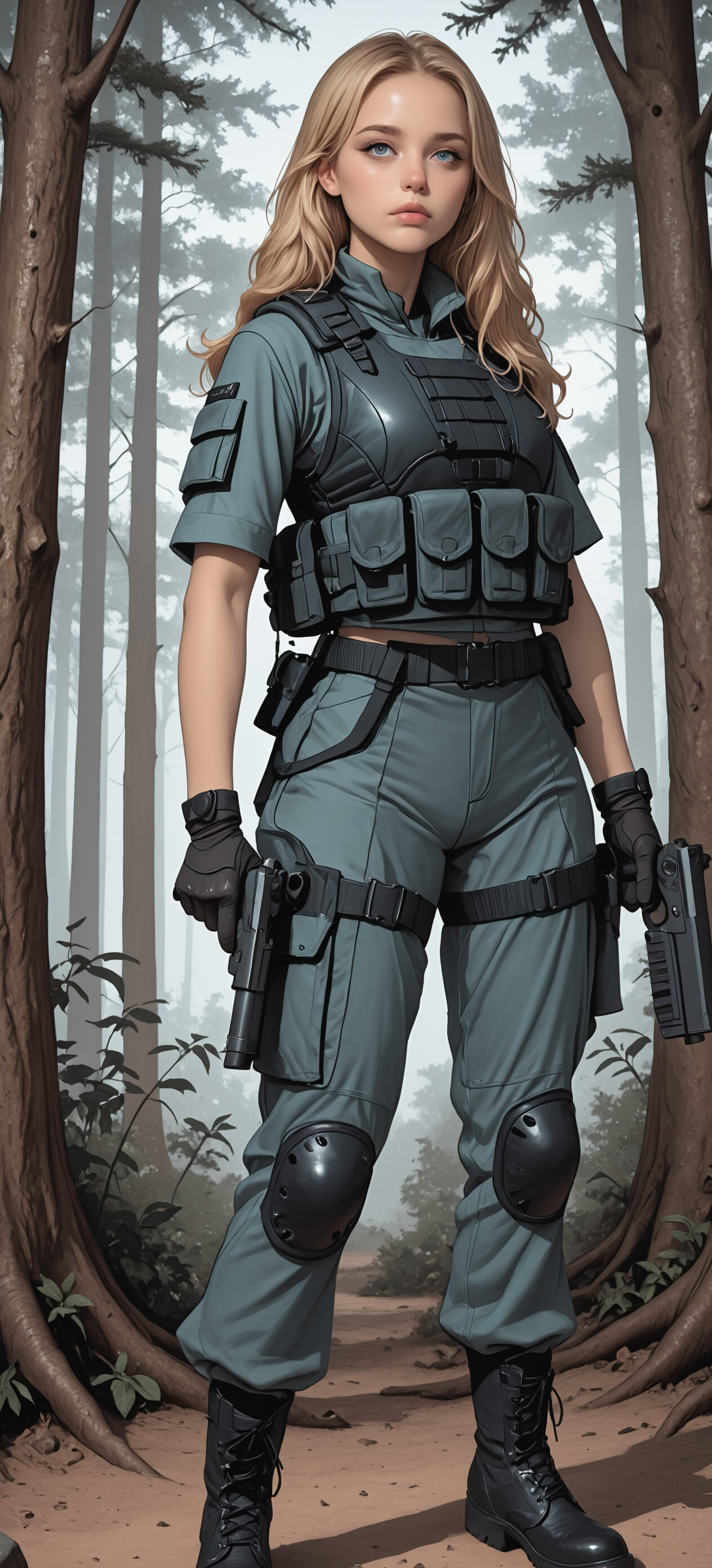 A full-body illustration of a young blonde woman in a blue-green tactical uniform, standing on a forest path while holding two pistols.