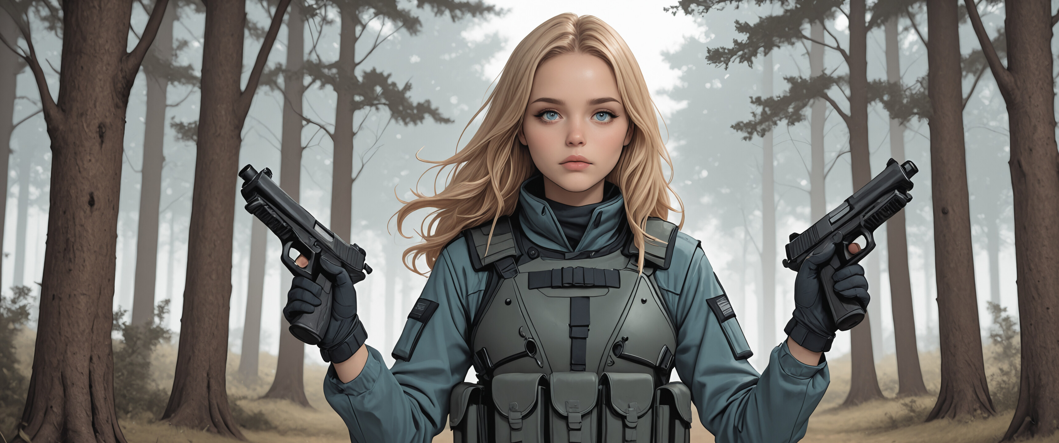 A digital illustration of a young woman with blonde hair and blue eyes wearing a full tactical uniform and body armor, holding a pistol while standing on a path in a foggy forest.