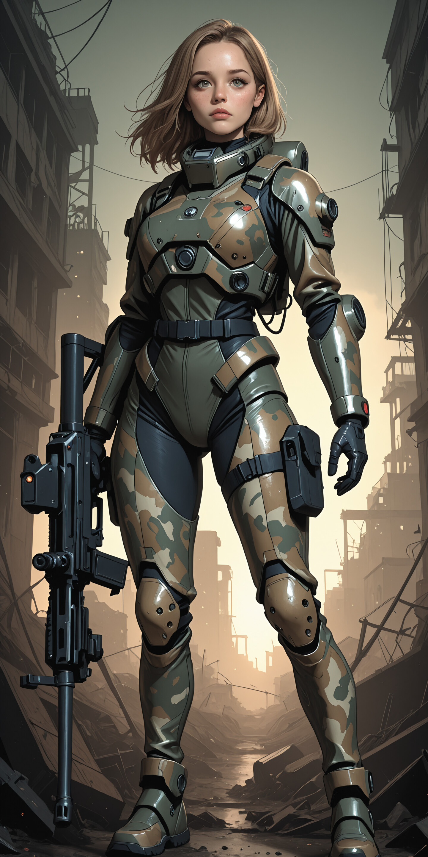 A full-body illustration of a young female soldier with short brown hair in a dark, ruined industrial hallway. She wears a camouflage suit with green futuristic body armor and holds a large black rifle, looking directly at the camera with a determined expression.