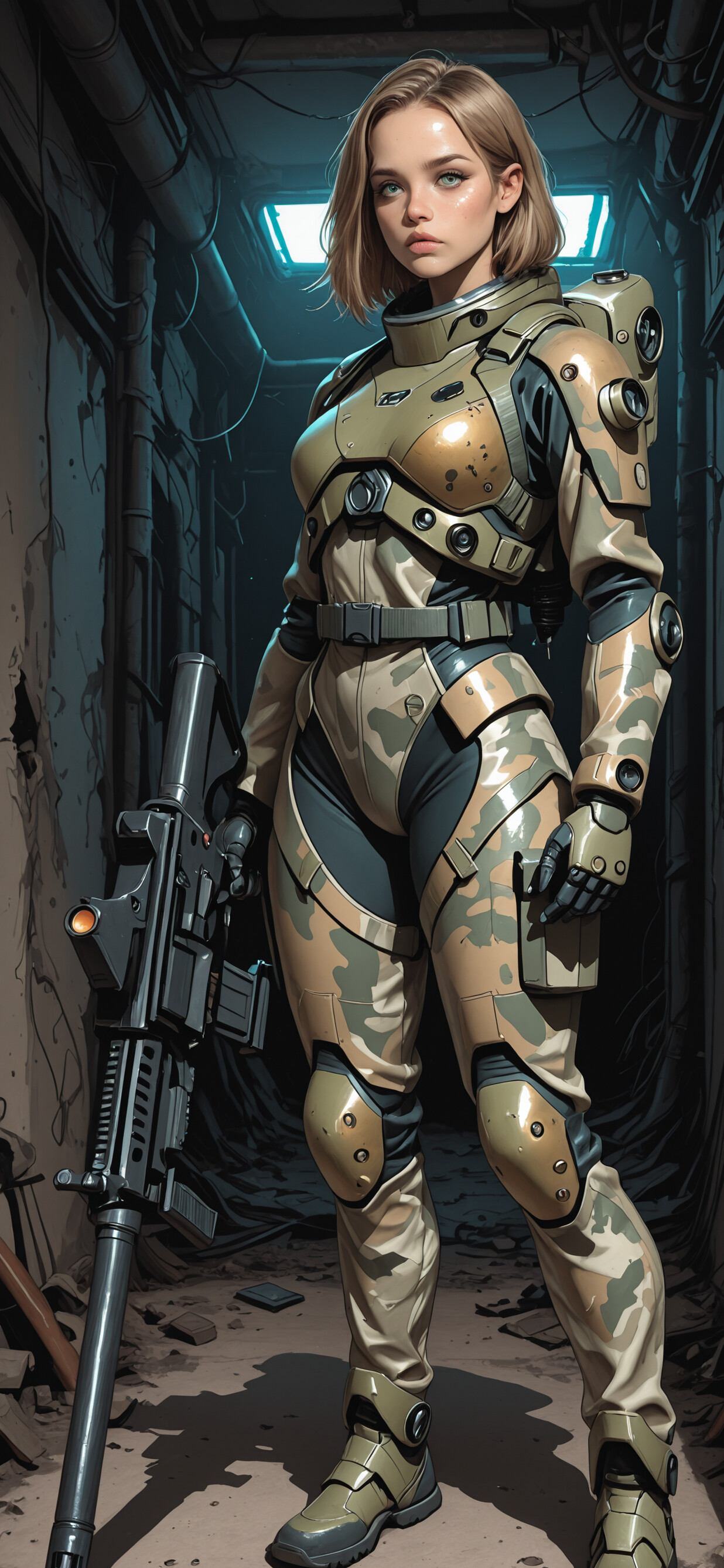 A young woman with blonde hair and green eyes in a futuristic camouflage exosuit holds a large rifle while standing in a ruined industrial building.