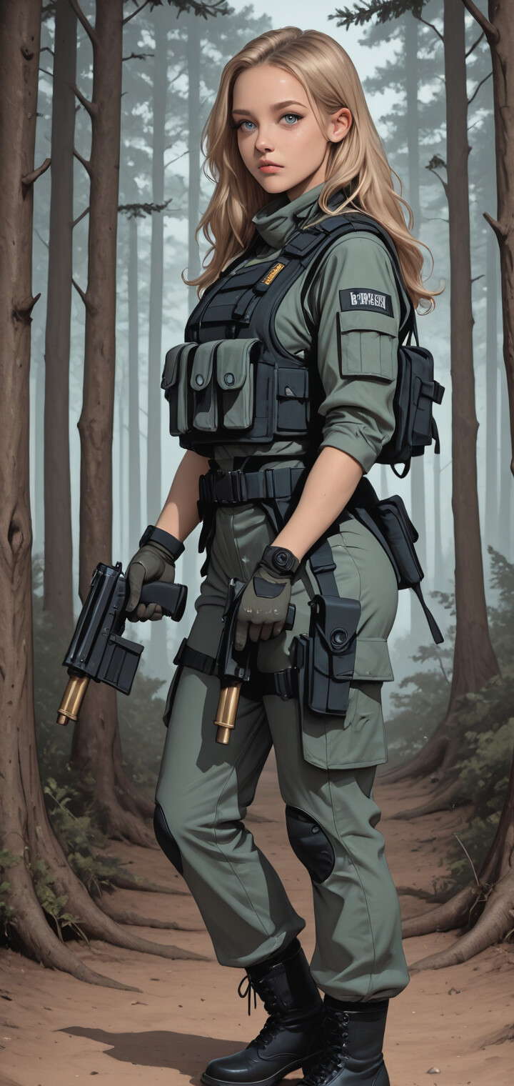 A full-body illustration of a blonde woman in a green-blue tactical uniform and body armor, holding two pistols while standing on a path in a foggy forest.