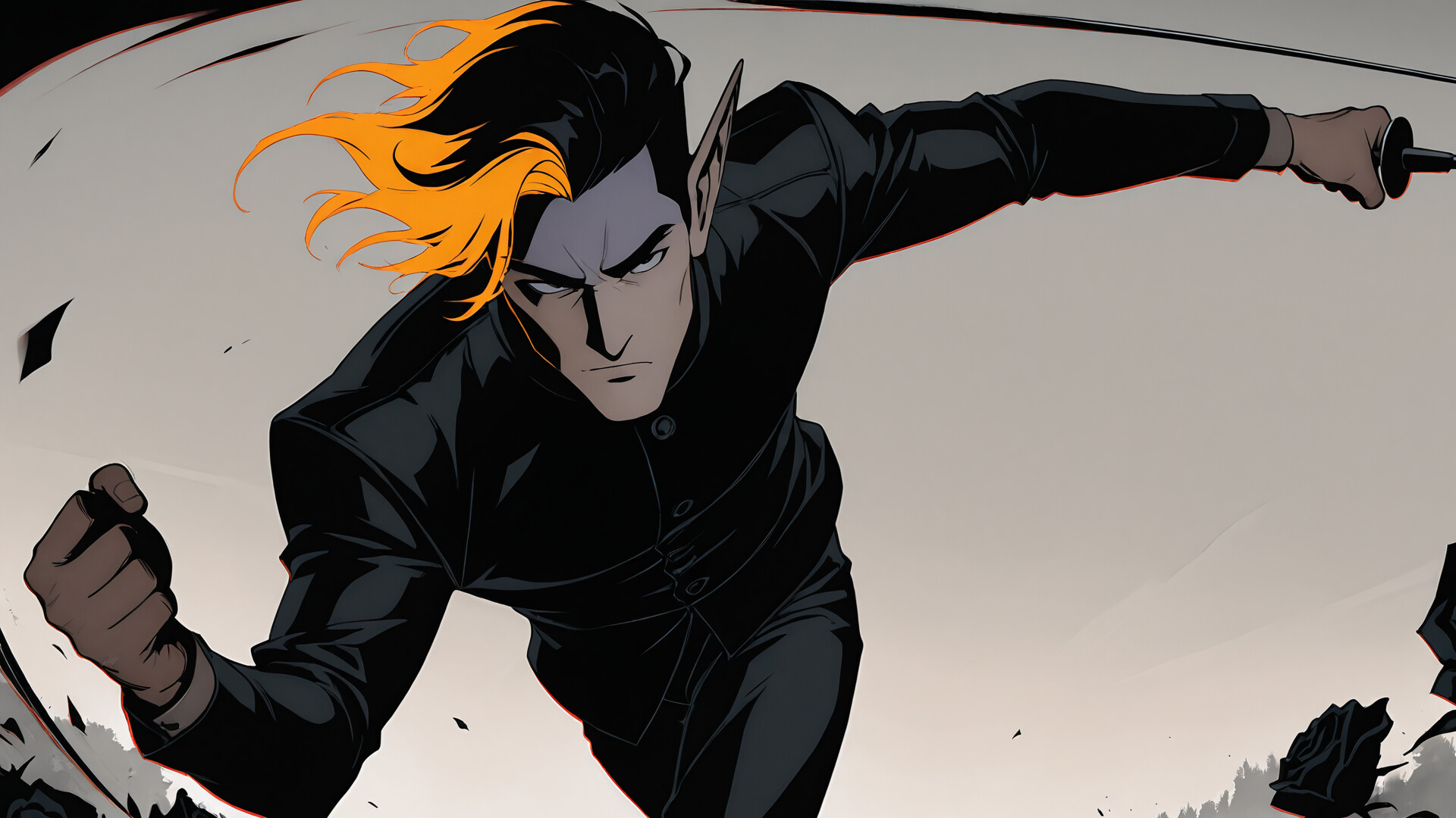 An anime-style male elf with black hair, a blue streak, and pointed ears, dressed in all black. He is in a low, wide battle stance, holding a sword in each hand, ready to fight.