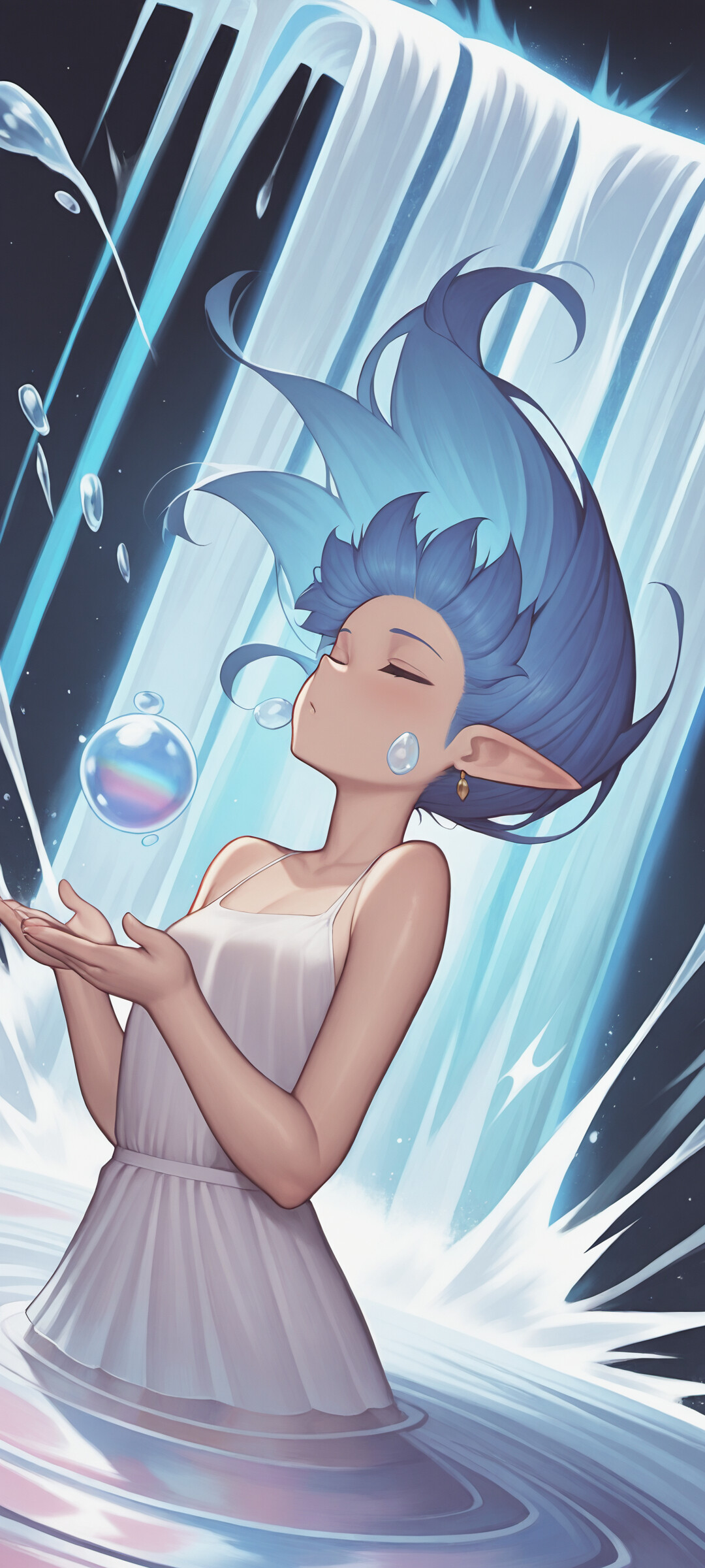 An anime-style elf girl with light blue hair and a white dress holds a glowing orb in her hands, with a waterfall in the background.