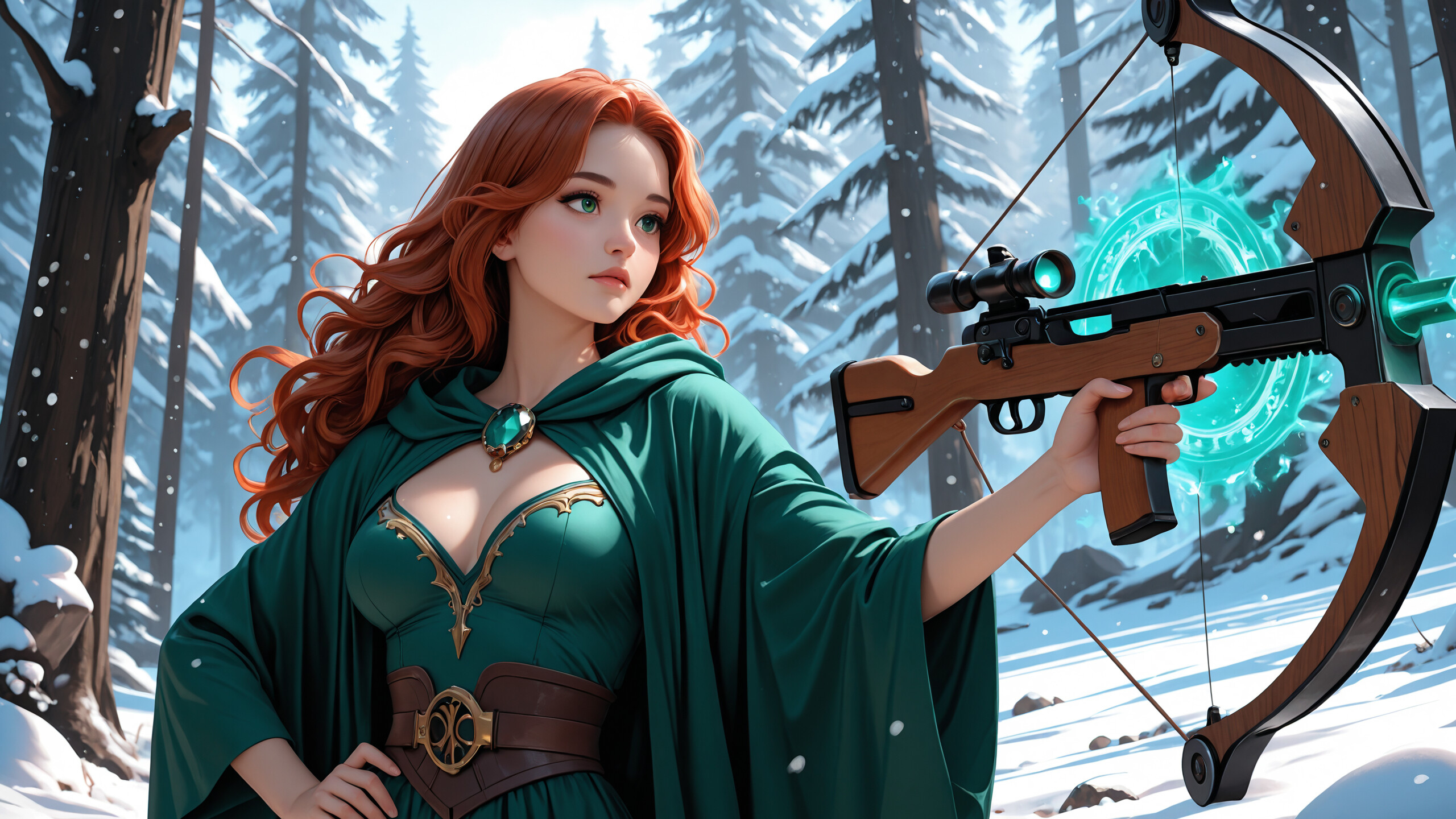A beautiful fantasy woman with long red hair and green eyes, wearing a green cloak and holding a golden bow with a glowing green orb of magic, stands in a snowy forest.