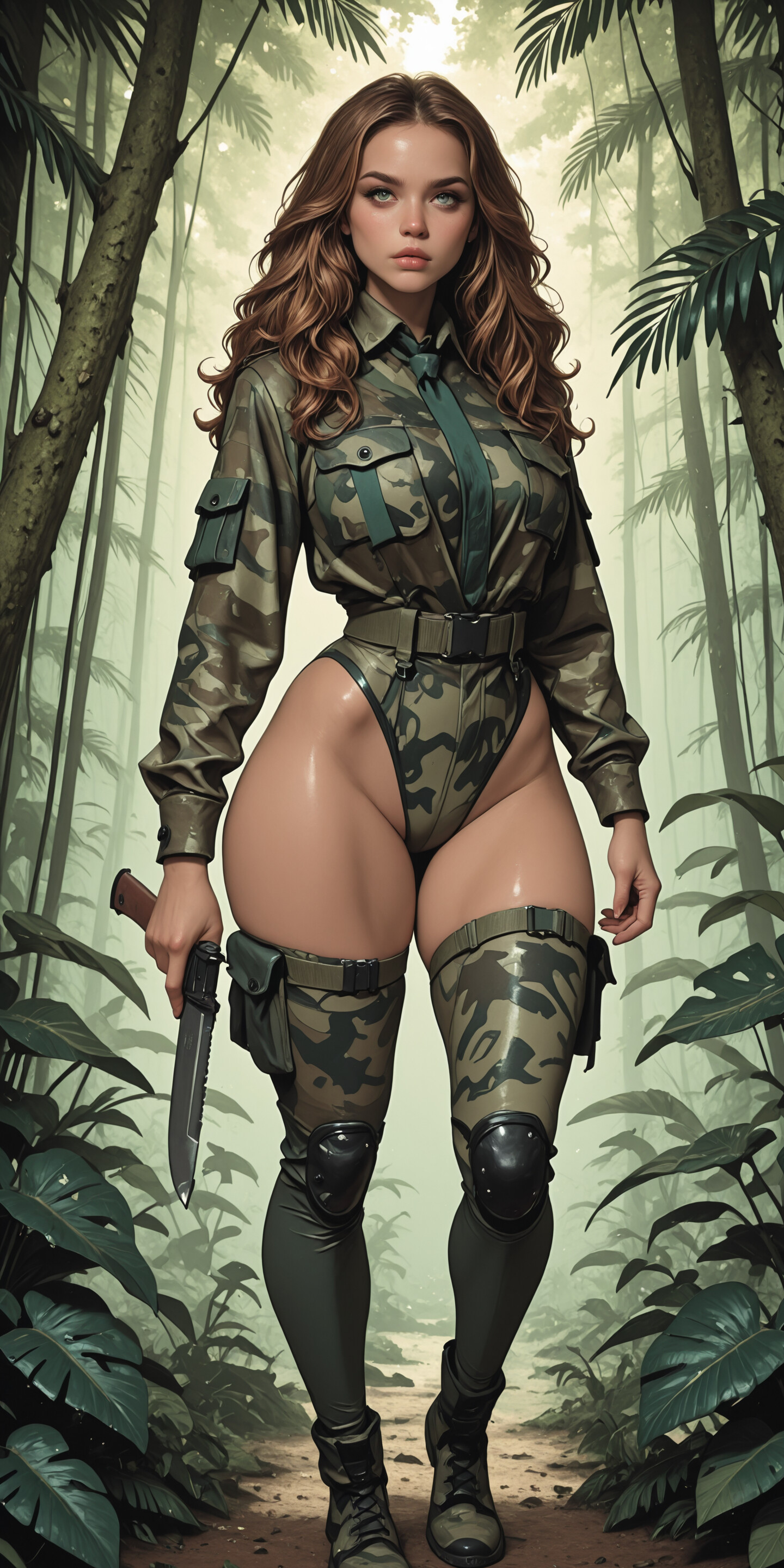 A full-body illustration of a woman with long auburn hair and green eyes in a form-fitting camouflage outfit, standing in a dense jungle and holding a large combat knife.