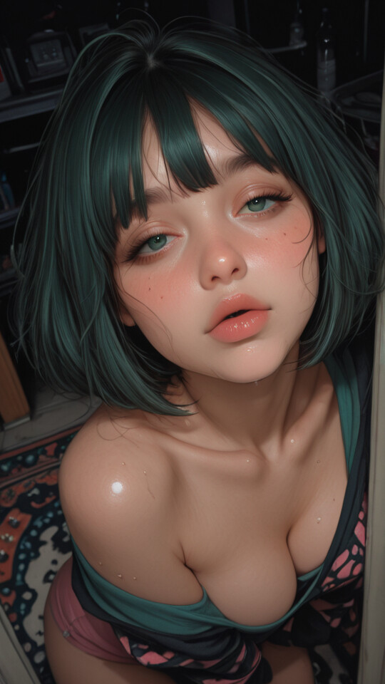 A high-angle digital art portrait of a young woman with short dark green hair and large green eyes looking up with a teary, pleading expression. She wears a pink and green split-colored turtleneck shirt in a dark room.
