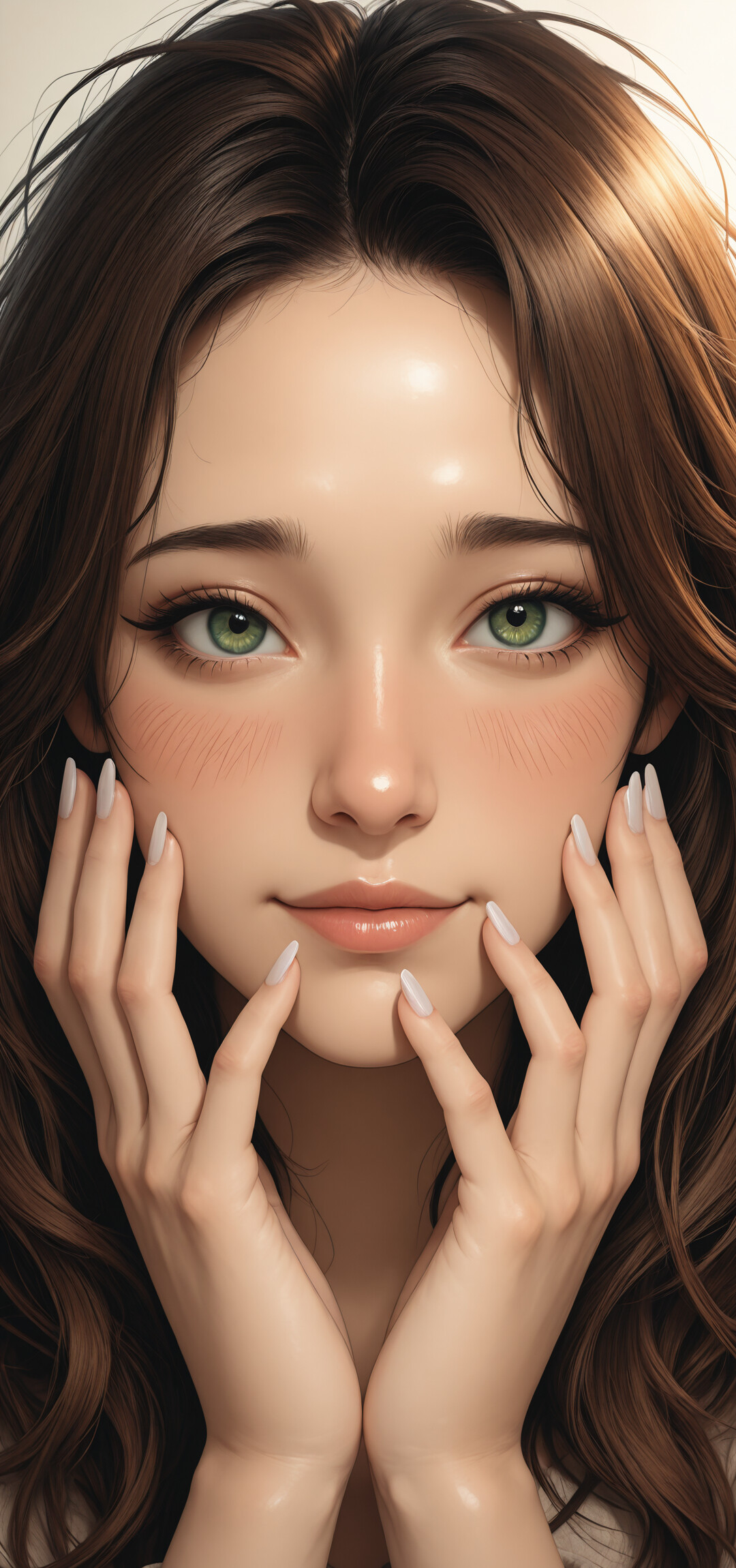 A digital portrait of a young woman with long brown hair and striking green eyes. She is looking at the camera with a gentle expression, her hand resting under her chin, with a soft green light in the background.