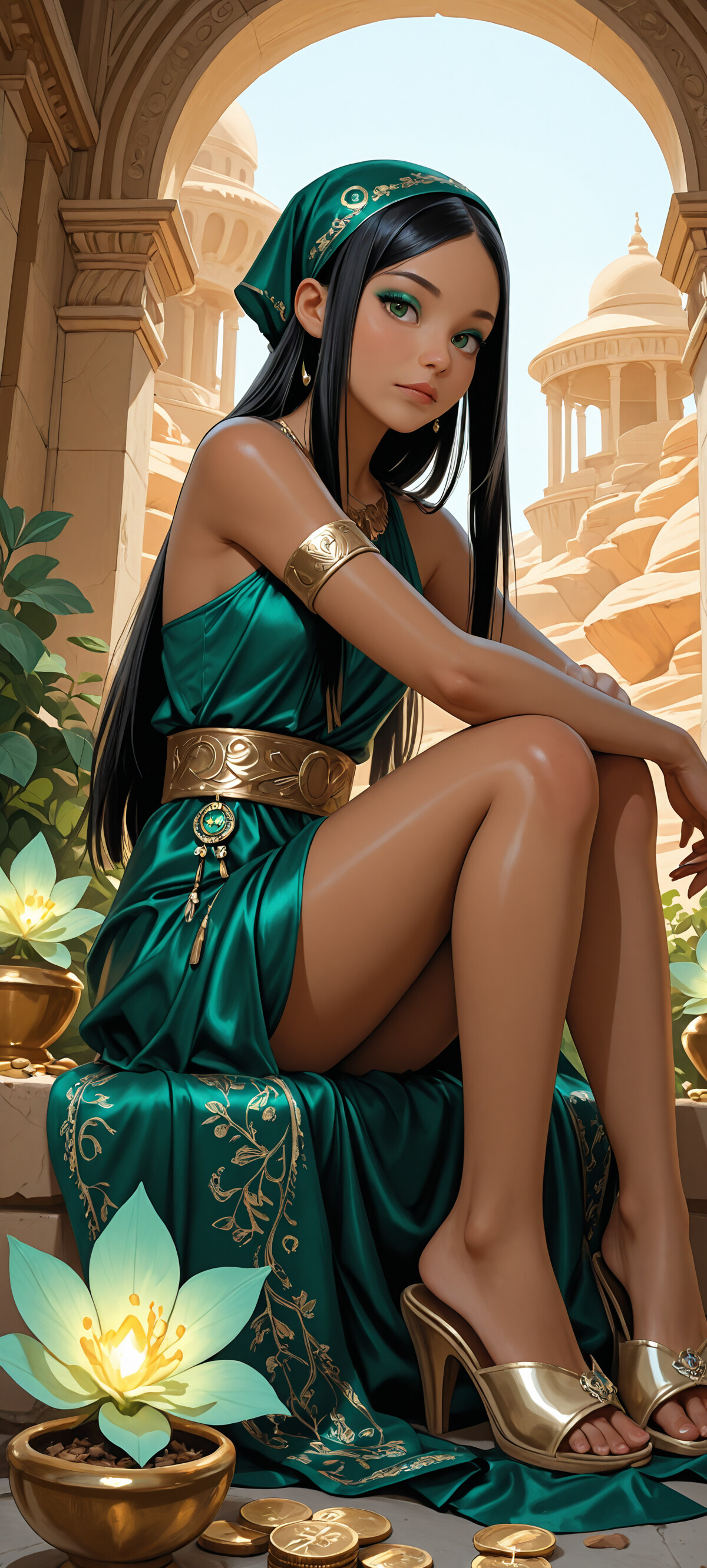 A digital illustration of a young woman with large green eyes and black hair, dressed as an Arabian princess in a flowing emerald green satin gown and headscarf. She sits on stone steps under an arch, looking at the viewer, with a desert city visible in the background and gold coins at her feet.