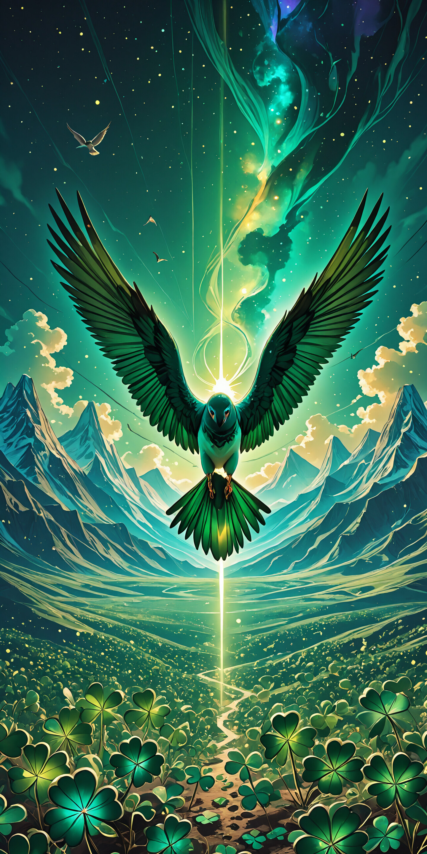 A majestic green and yellow bird flies over a vast field of four-leaf clovers at night. A single clover glows brightly, with a trail of golden light spiraling up from it, all under a starry sky with a green aurora and jagged mountains in the background.