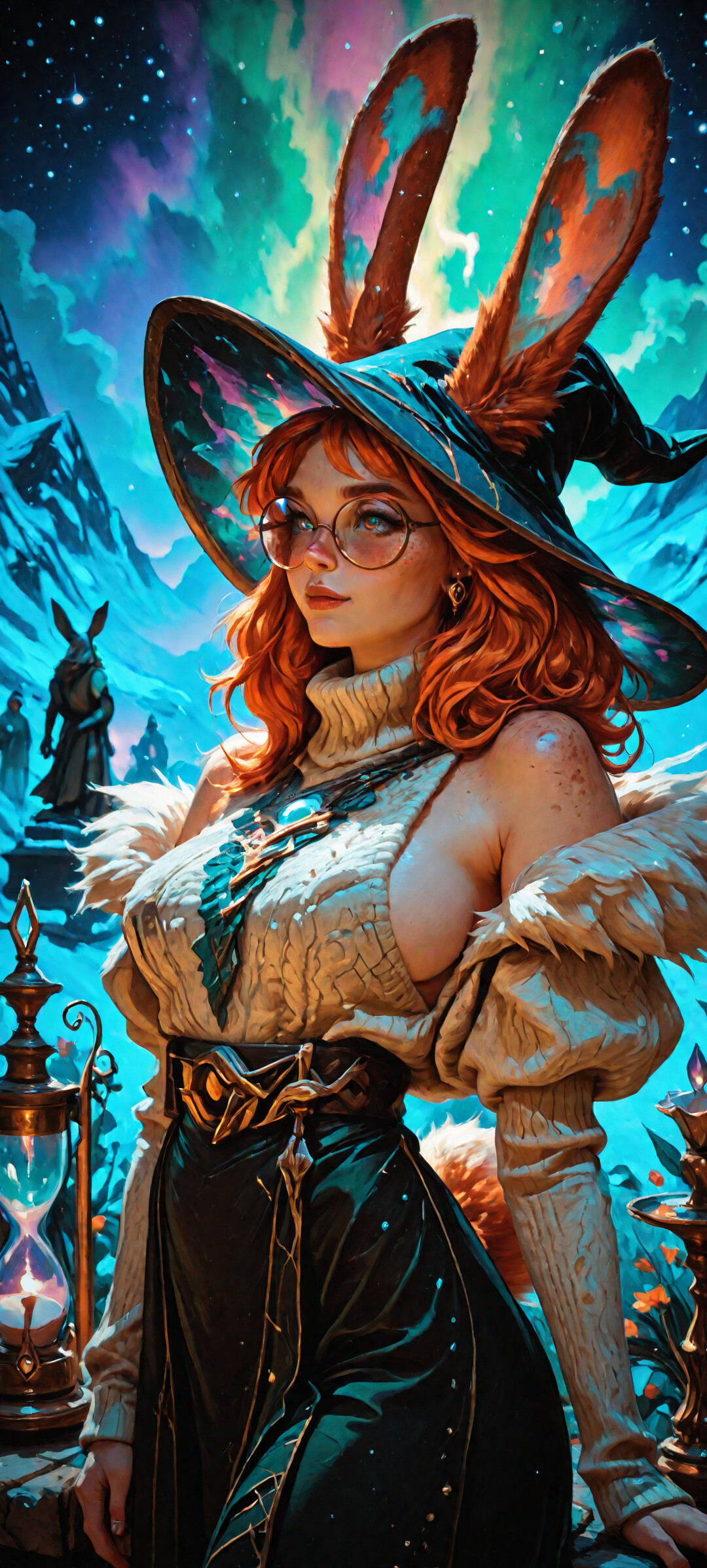 A digital illustration of Aurora from League of Legends, a beautiful red-haired witch with rabbit ears and glasses, posing in a magical, snowy landscape under the vibrant northern lights.