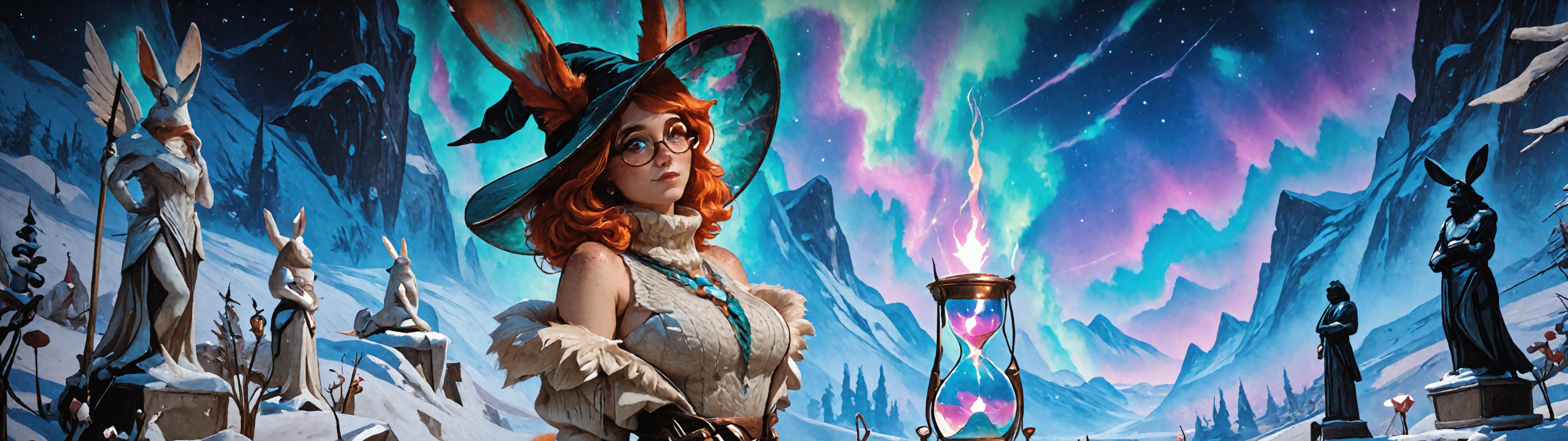 A digital illustration of Aurora from League of Legends, a beautiful red-haired witch with rabbit ears and glasses, posing in a magical, snowy landscape under the vibrant northern lights.