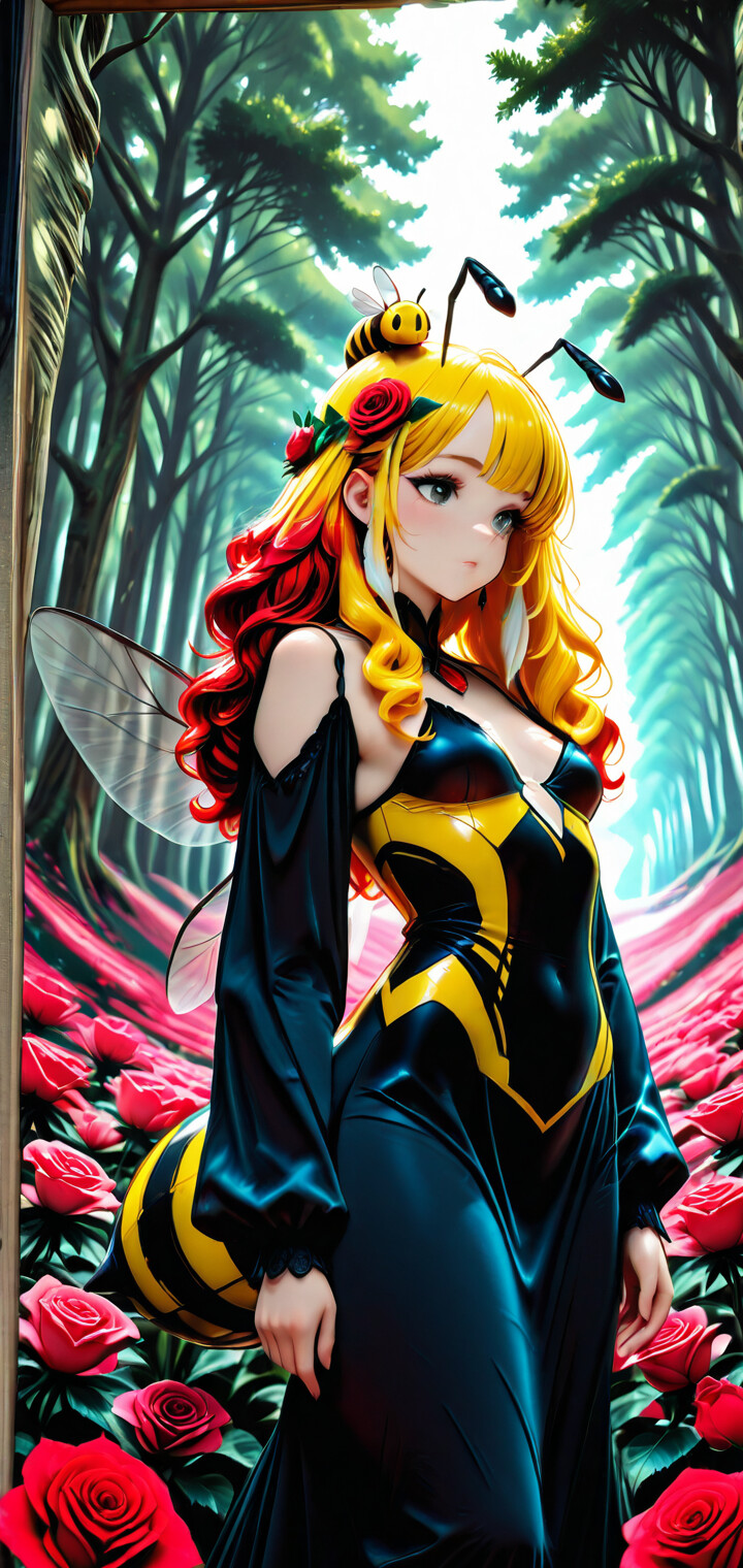A beautiful anime girl with long blonde hair, dressed as a bee with a yellow and black dress, antennae, and translucent wings, stands in a lush green forest.
