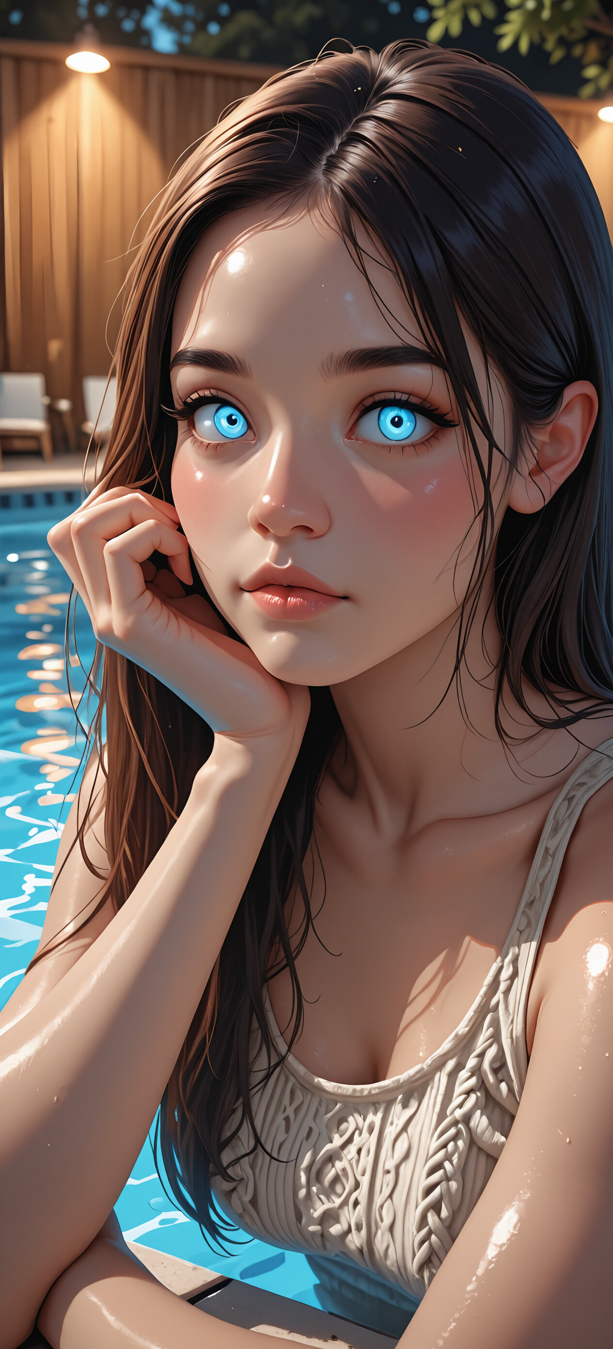 A close-up portrait of a young woman with long brown hair and striking blue eyes, wearing a knit tank top by a swimming pool on a sunny day.