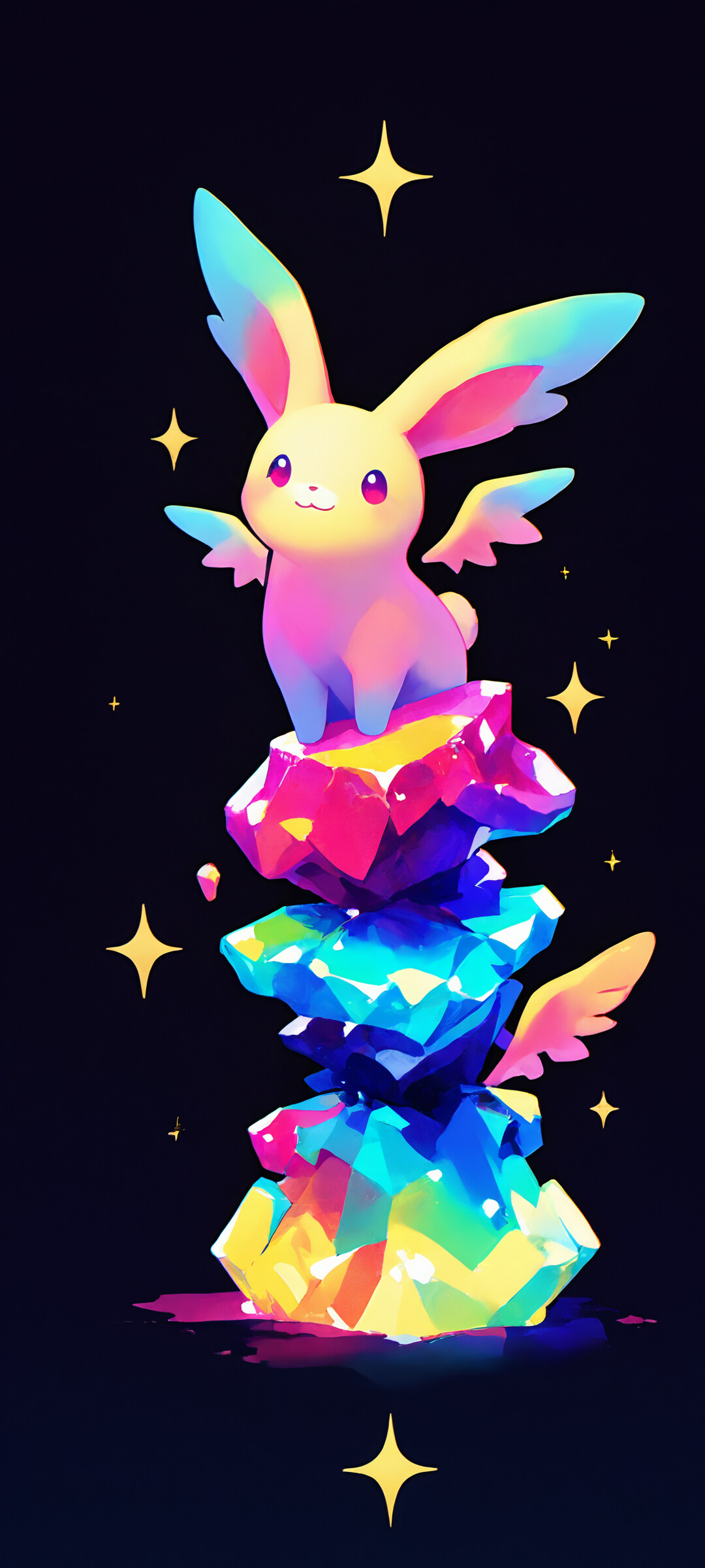 A cute, multicolored fantasy creature resembling a winged rabbit, identified as Carbuncle, sits among glowing rainbow crystals. It has a turquoise and pink body, a gemstone on its forehead, and a happy expression against a dark, starry background.