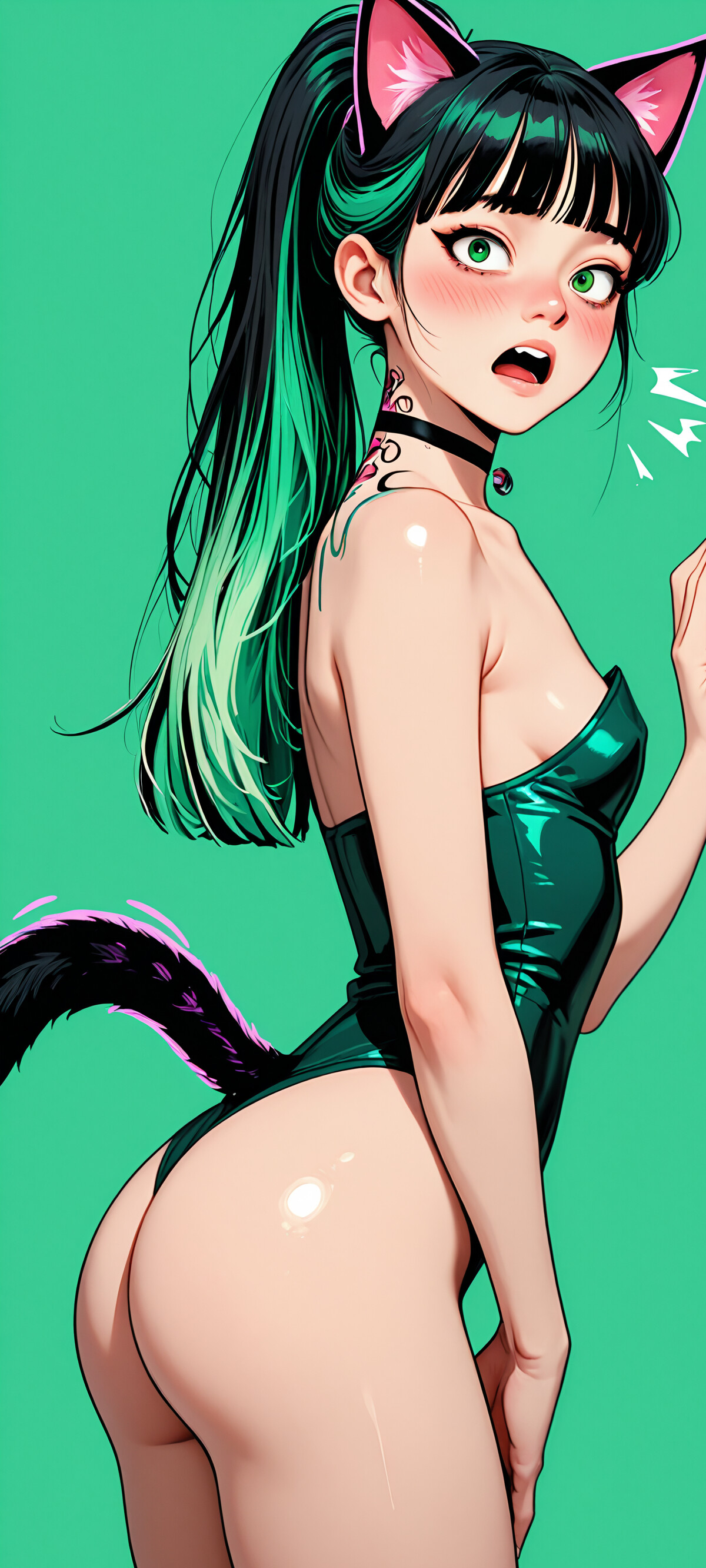 A young anime-style woman with black and neon green hair in a ponytail, wearing bright green cat ears, a green leotard, and a choker, stands in a dark green forest, looking over her shoulder.
