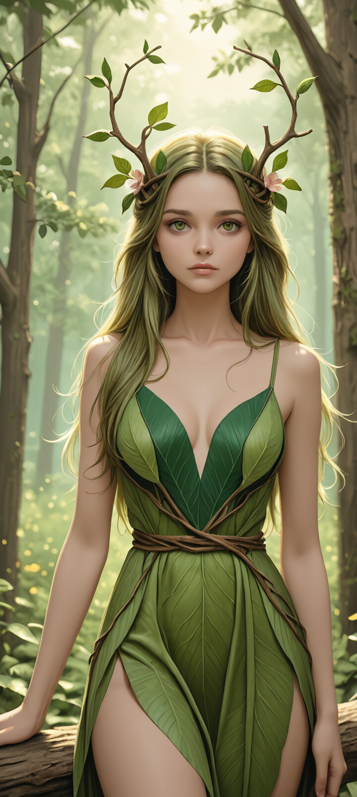 A three-quarter view digital illustration of a beautiful young woman with long blonde hair and green eyes, depicted as a dryad. She wears a crown of branches and a dress made of green leaves, standing in a magical forest.