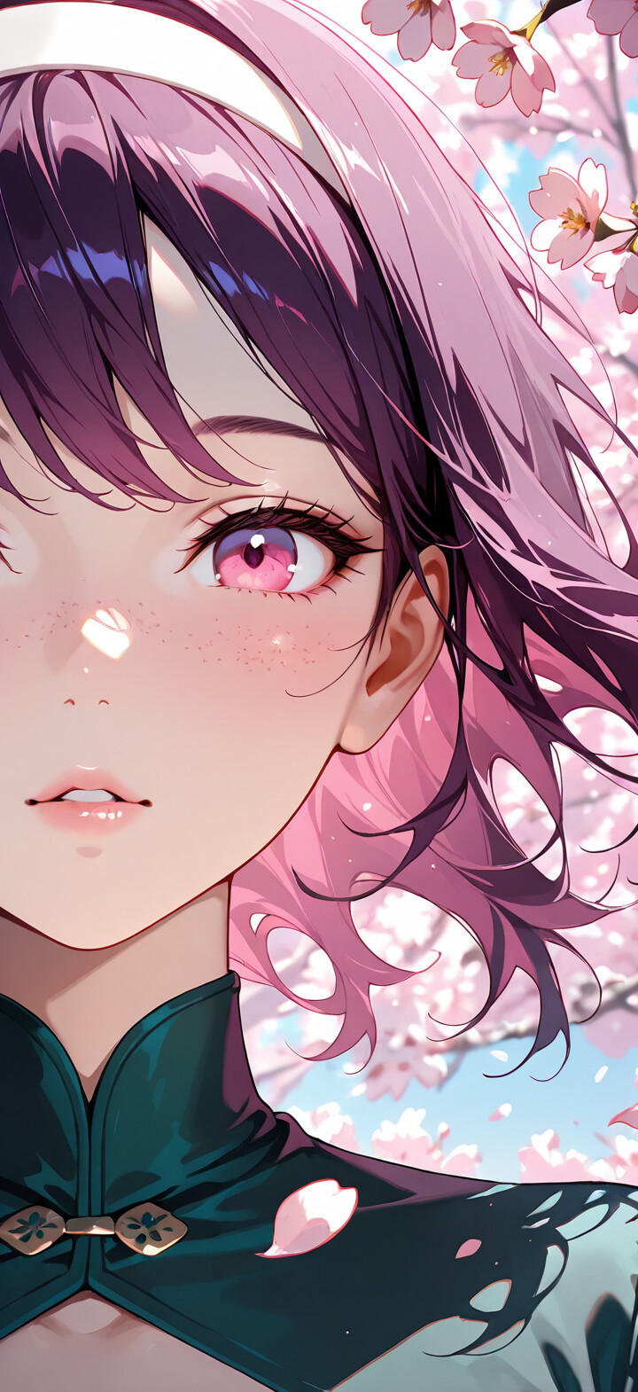 A close-up illustration of a young anime-style woman with short purple hair, bright pink eyes, and freckles, looking directly at the viewer against a background of cherry blossoms.