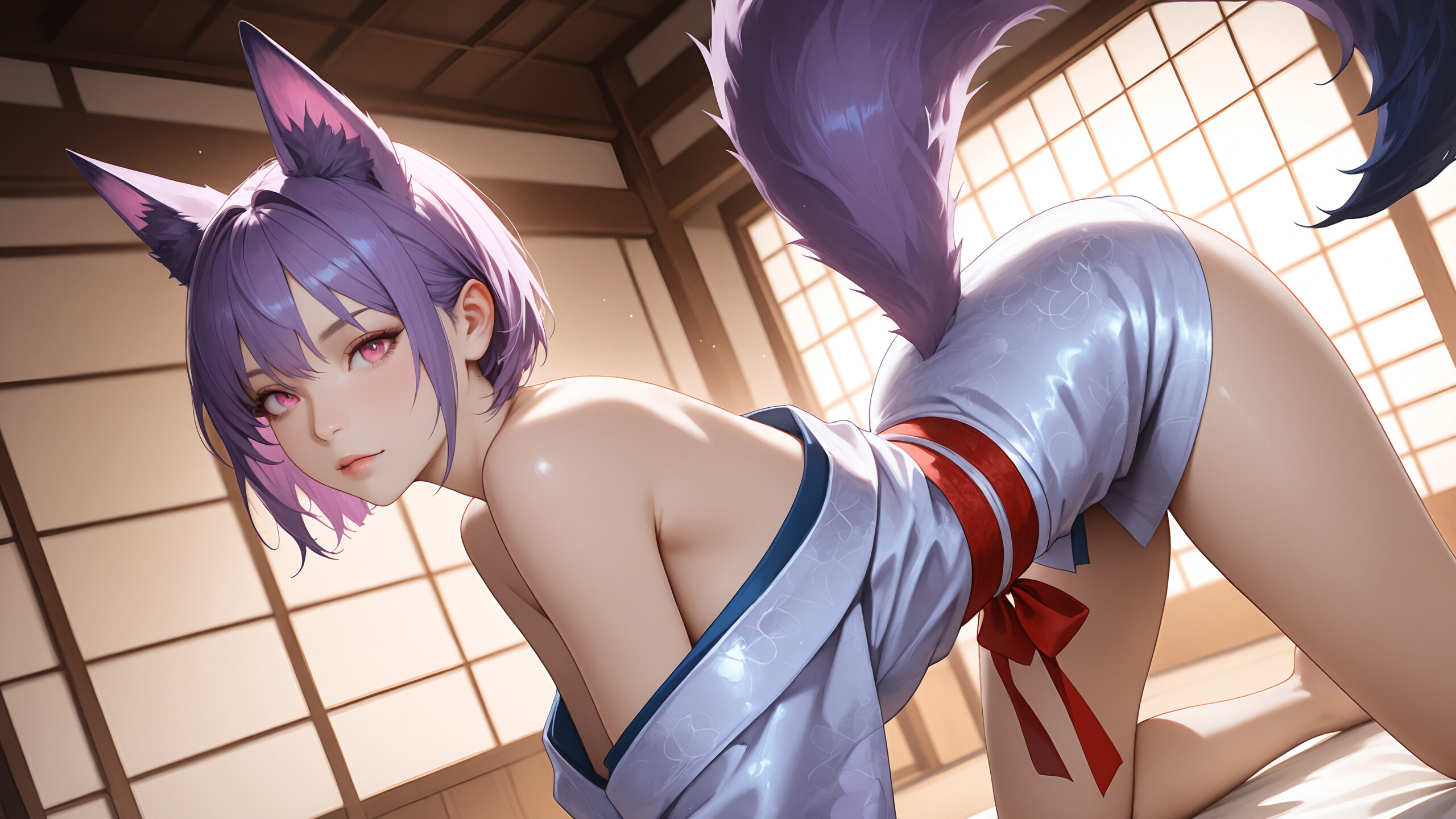 An anime girl with short purple hair, purple fox ears, and a large fluffy fox tail, wearing a white kimono and red obi, kneeling on all fours in a Japanese-style room and looking back at the viewer.