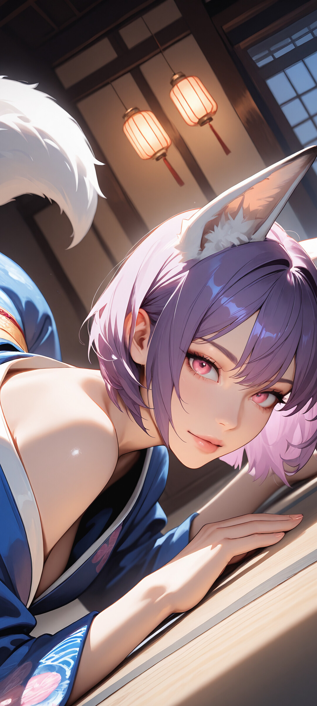 An anime girl with short purple hair, purple fox ears, and a large fluffy fox tail, wearing a white kimono and red obi, kneeling on all fours in a Japanese-style room and looking back at the viewer.