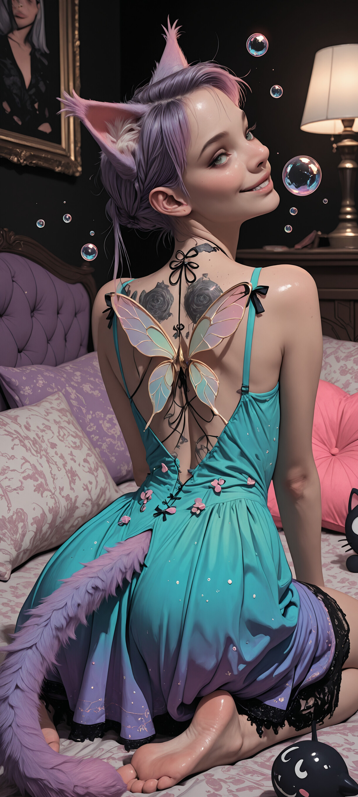 A digital illustration of a young woman with lavender hair, cat ears, and a fluffy purple tail sitting on a purple bed. She wears a teal and purple backless dress and has small wings on her back. Glowing orbs hang from the ceiling, and a white cat is visible on the right.