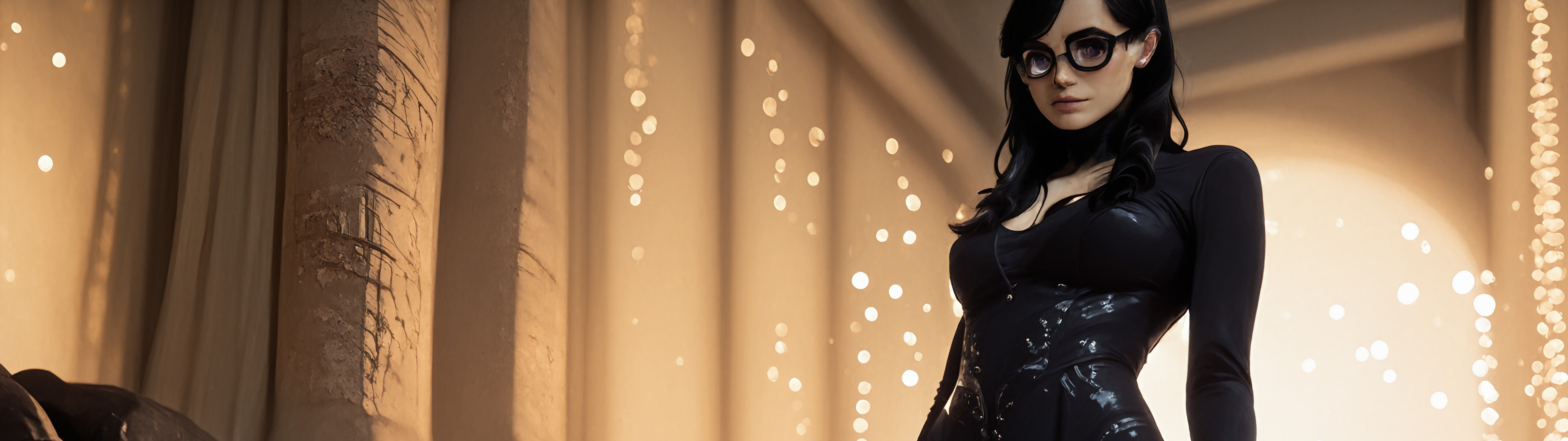 A digital illustration of Hizuru Minakata from Summertime Render, a woman with long black hair, purple eyes, and glasses, wearing an elegant, form-fitting black dress against a warm, glowing background with bokeh lights.