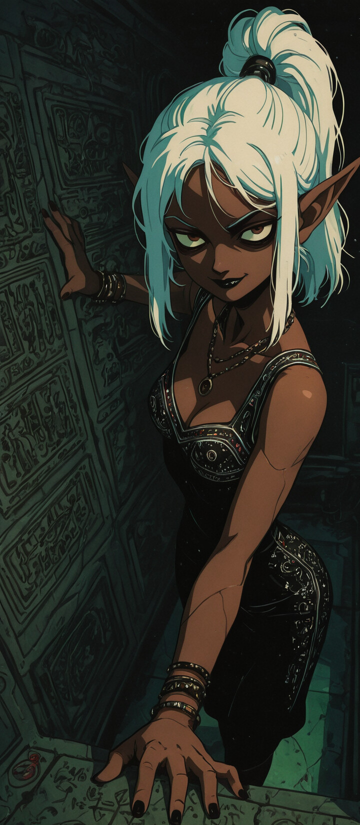 A dark-skinned elf with long white hair in a ponytail smirks mischievously as she stands in a dark, narrow hallway with red glowing glyphs on the walls.