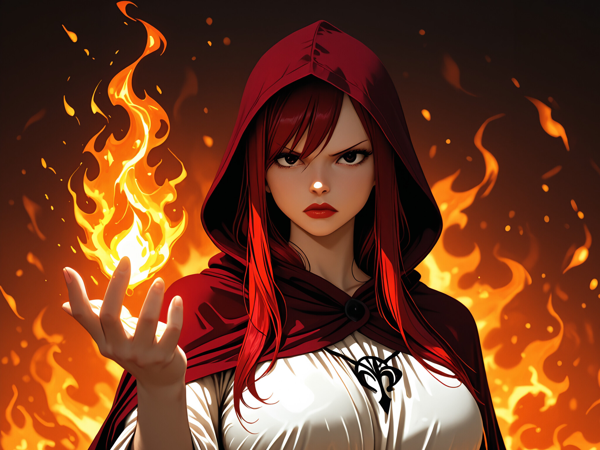 An anime-style illustration of Erza Scarlet from Fairy Tail, a woman with long red hair in a red hooded cloak, holding a ball of fire in her hand with a serious expression against a fiery background.