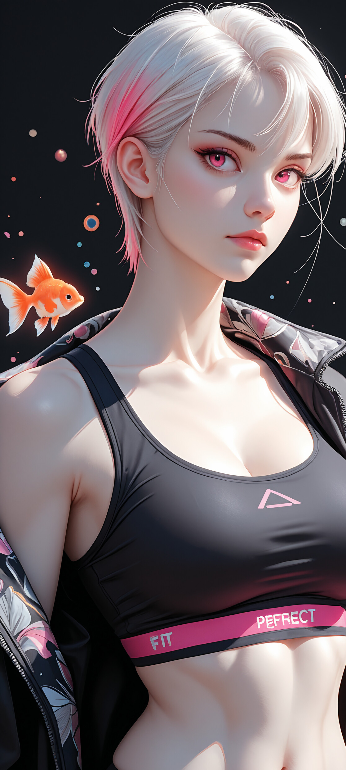 A portrait of a beautiful young woman with short white and pink hair and glowing pink eyes. She wears a pink sports bra and jacket and has a fit, athletic build. An orange goldfish floats next to her against a dark background.