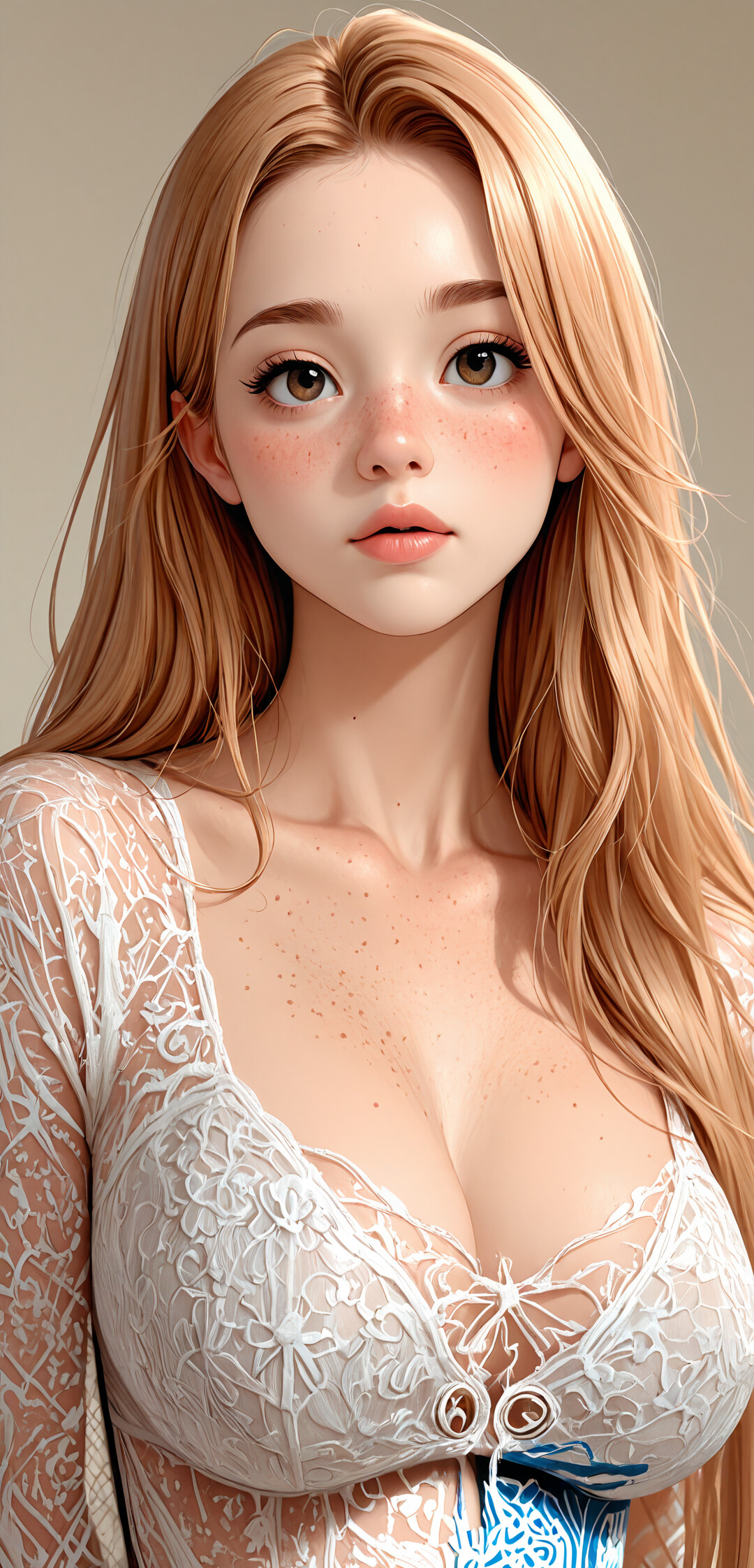 A close-up digital illustration of a young woman with long, flowing red hair, large grey eyes, and freckles on her face. She has a neutral, gentle expression and is looking towards the viewer against a plain, light-colored background.