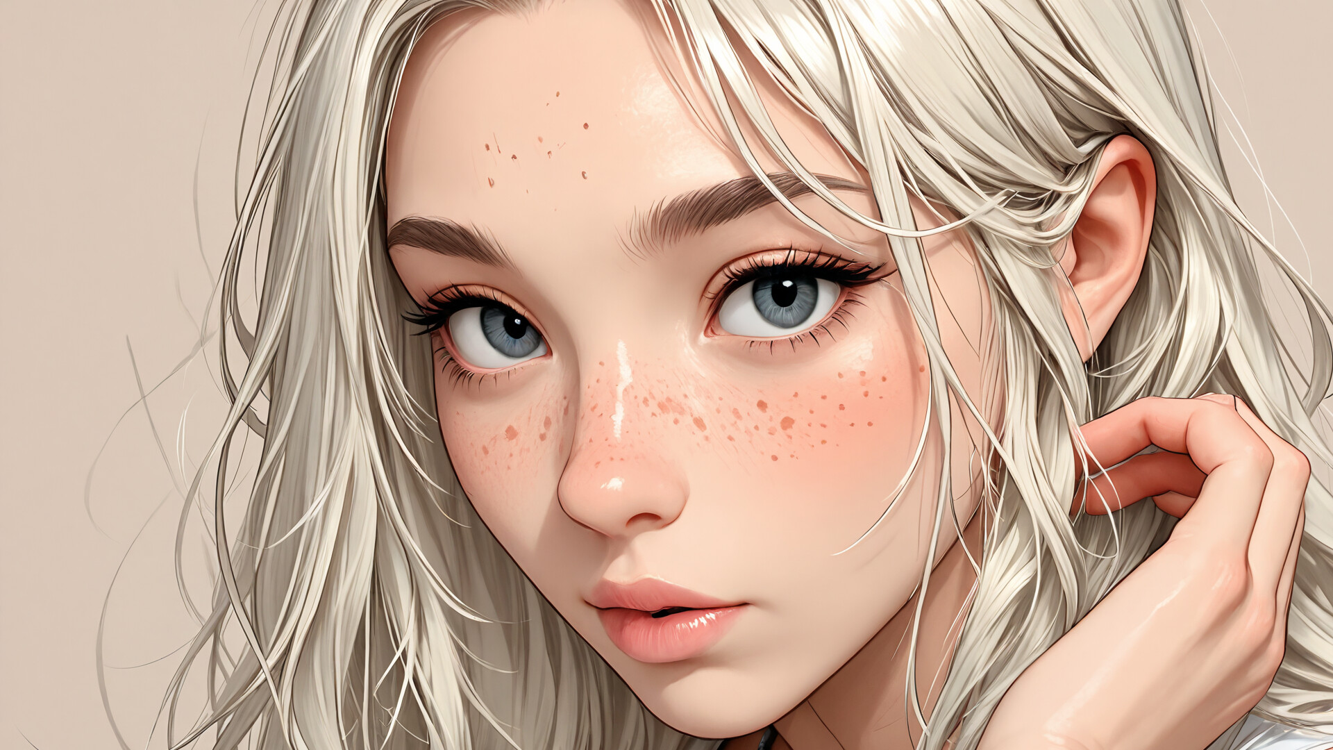 A close-up digital illustration of a young woman with long, flowing silver-green hair, large gray eyes, and a dusting of freckles across her nose and cheeks. She has a gentle expression and is set against a light-colored wooden background.