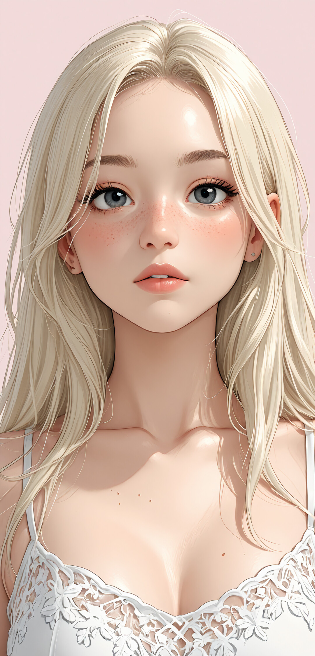 Digital illustration of a young woman with long silver-blonde hair, large grey eyes, and freckles, looking at the viewer.