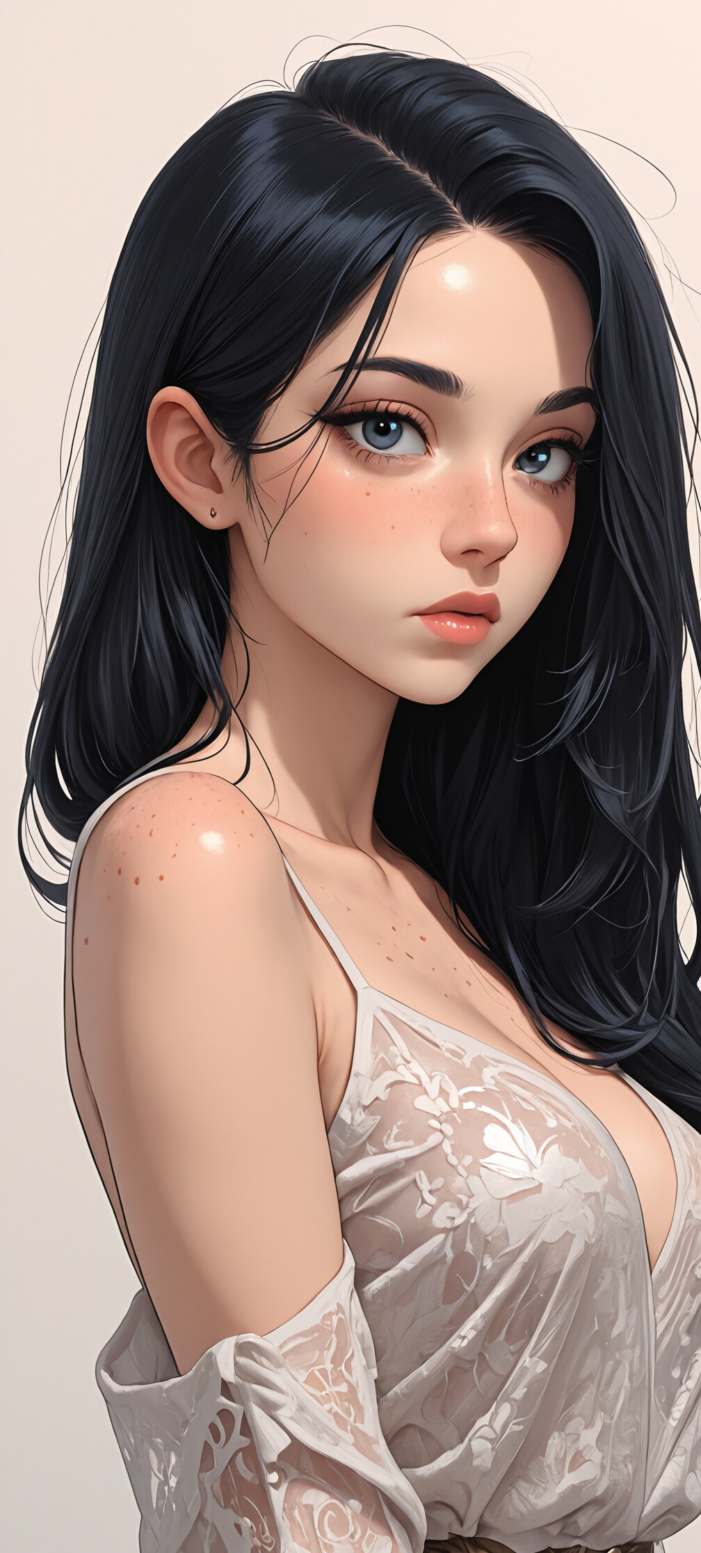 A digital illustration of a young woman with long, wavy blonde hair, large blue eyes, and freckles. She is wearing a detailed silver-grey lace bustier and looks thoughtfully at the viewer against a soft, sparkling grey background.