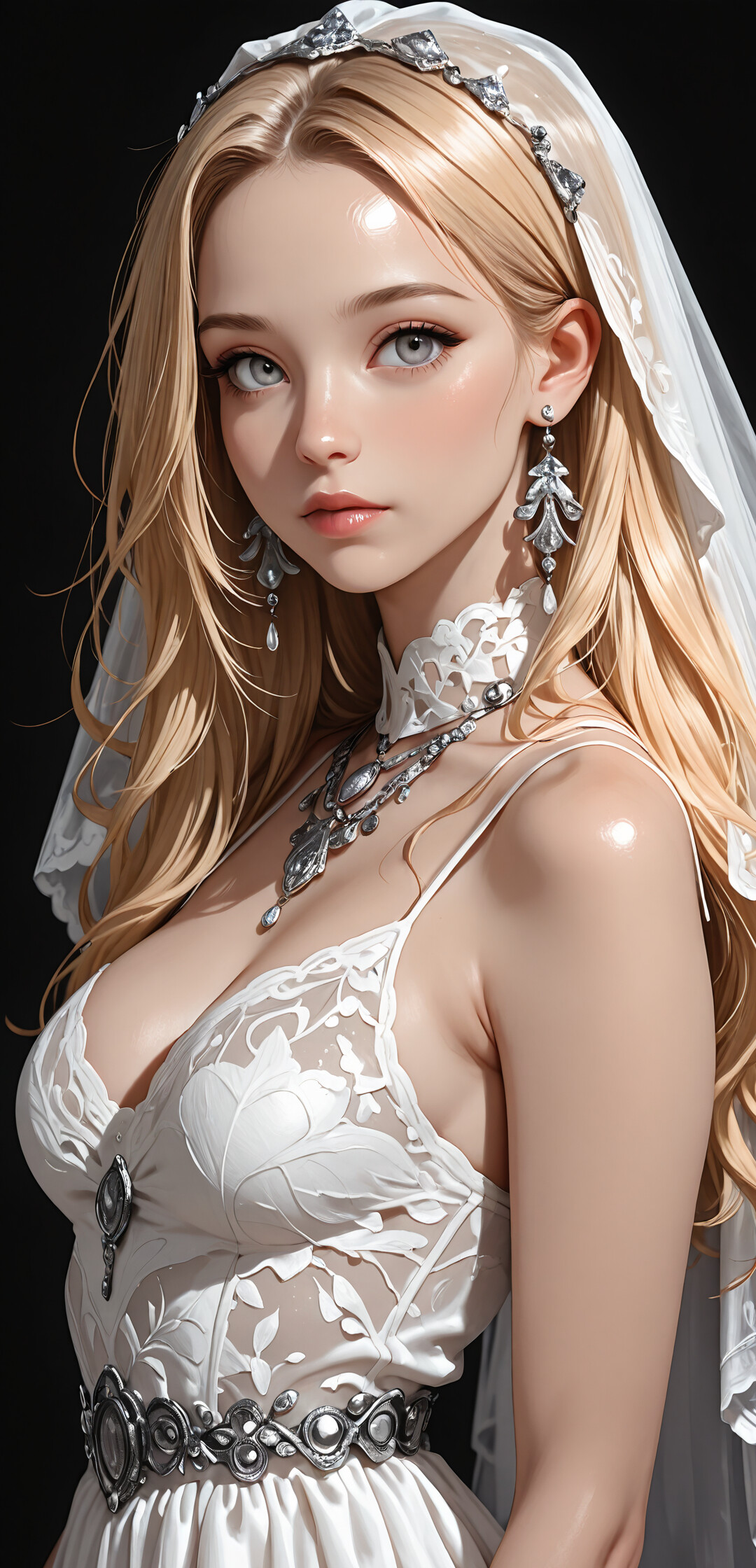 A digital illustration of a beautiful young woman with long blonde hair and grey eyes, wearing an elegant white dress, a veil, a tiara, and gemstone jewelry, looking at the viewer.