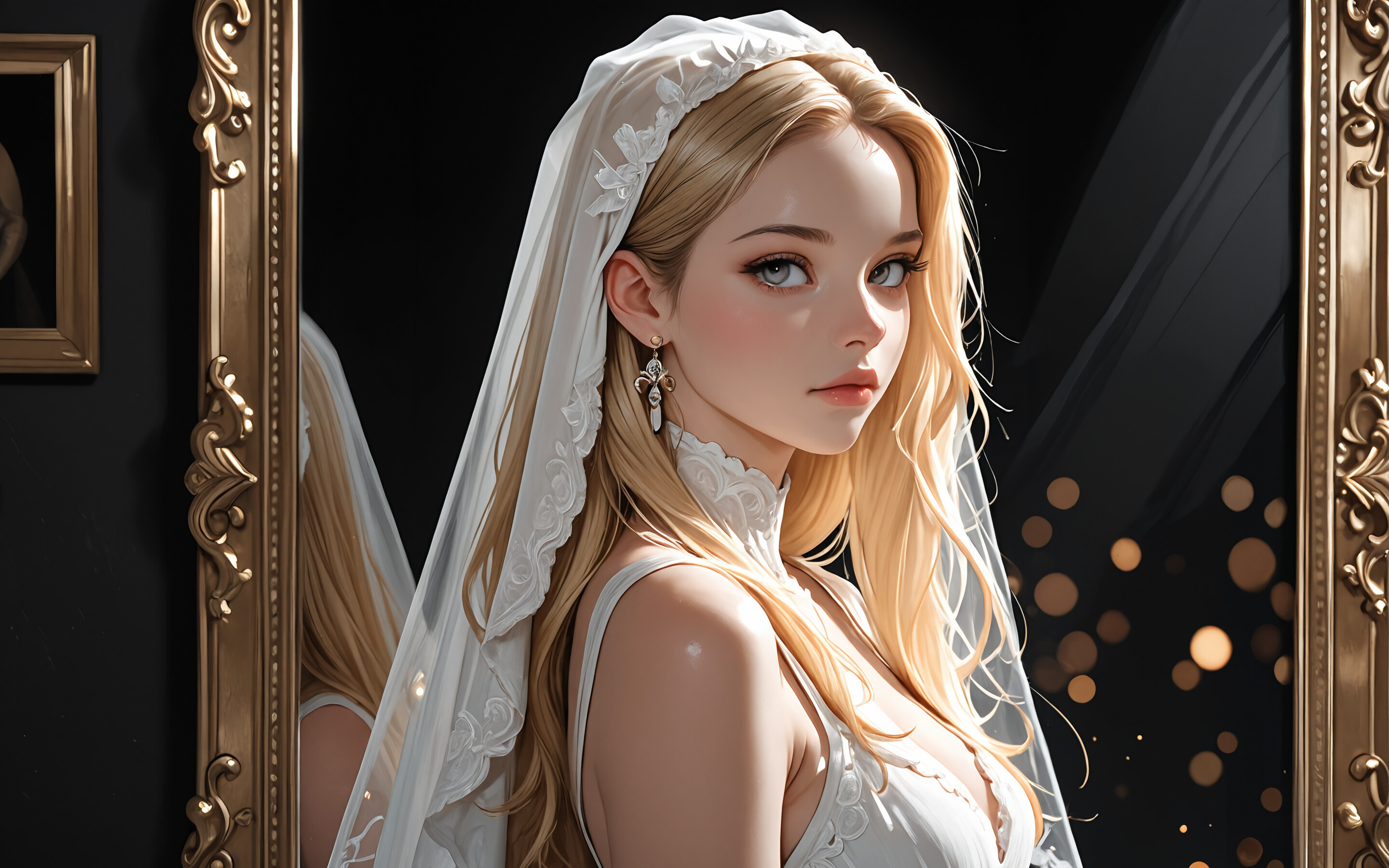 A digital illustration of a beautiful young woman with long blonde hair and grey eyes, wearing an elegant white dress, a veil, a tiara, and gemstone jewelry, looking at the viewer.