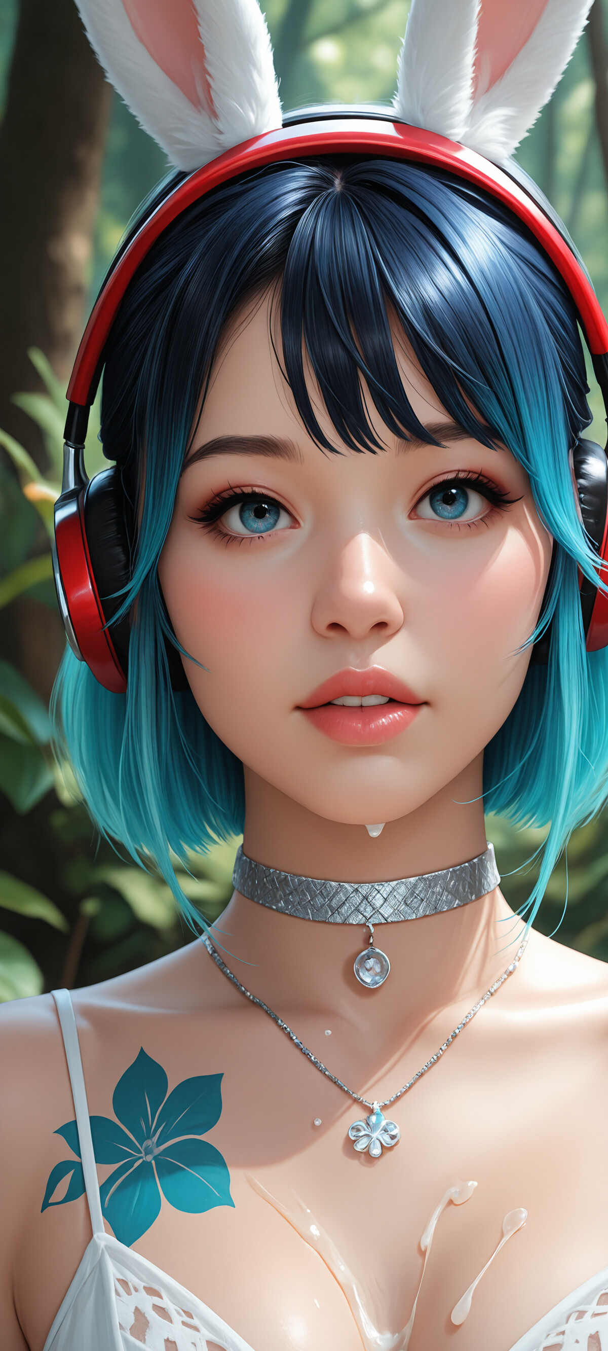 A digital portrait of a young woman with short blue ombre hair, wearing white bunny ears, silver headphones, and a choker. She has a rose tattoo on her shoulder and is set against a blurry green forest background.