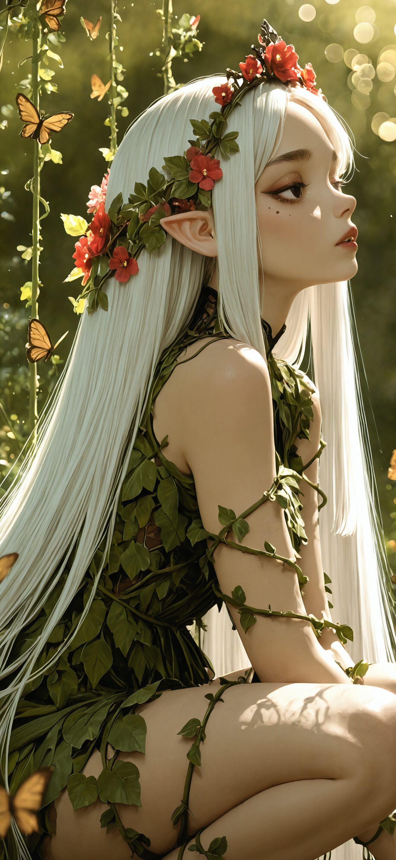 A side-profile view of a fantasy elf girl with very long white hair and pointed ears, crouching in a sunlit green forest. She wears a dress made of leaves and a hair ornament with butterflies.
